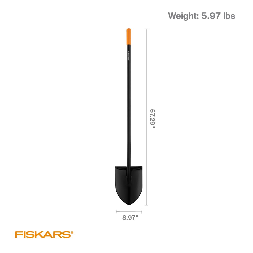 Fiskars full-length shovel next to measuring board showing 57-inch leverage benefit