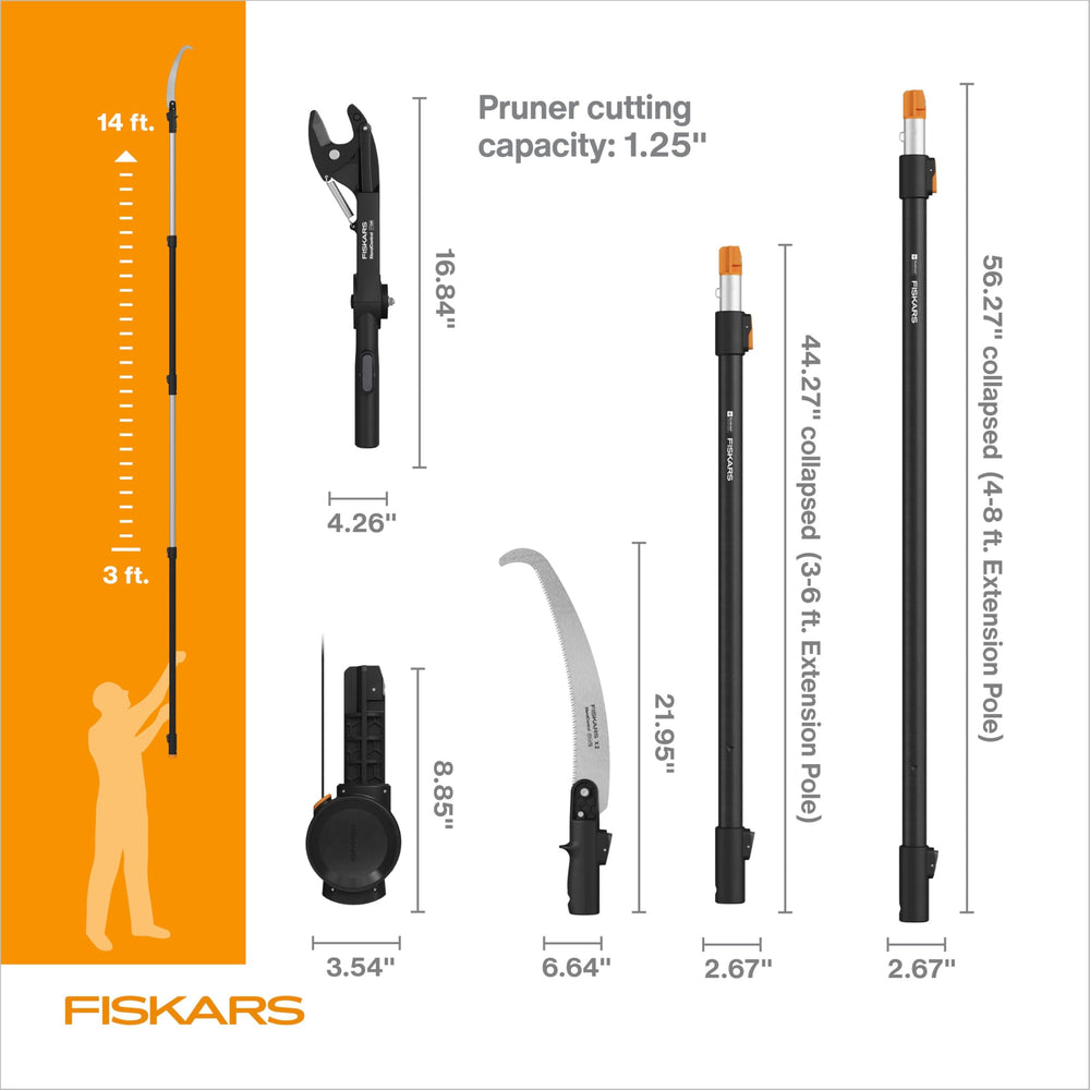 Fiskars size comparison of user holding extended pole to show scale and reach benefit