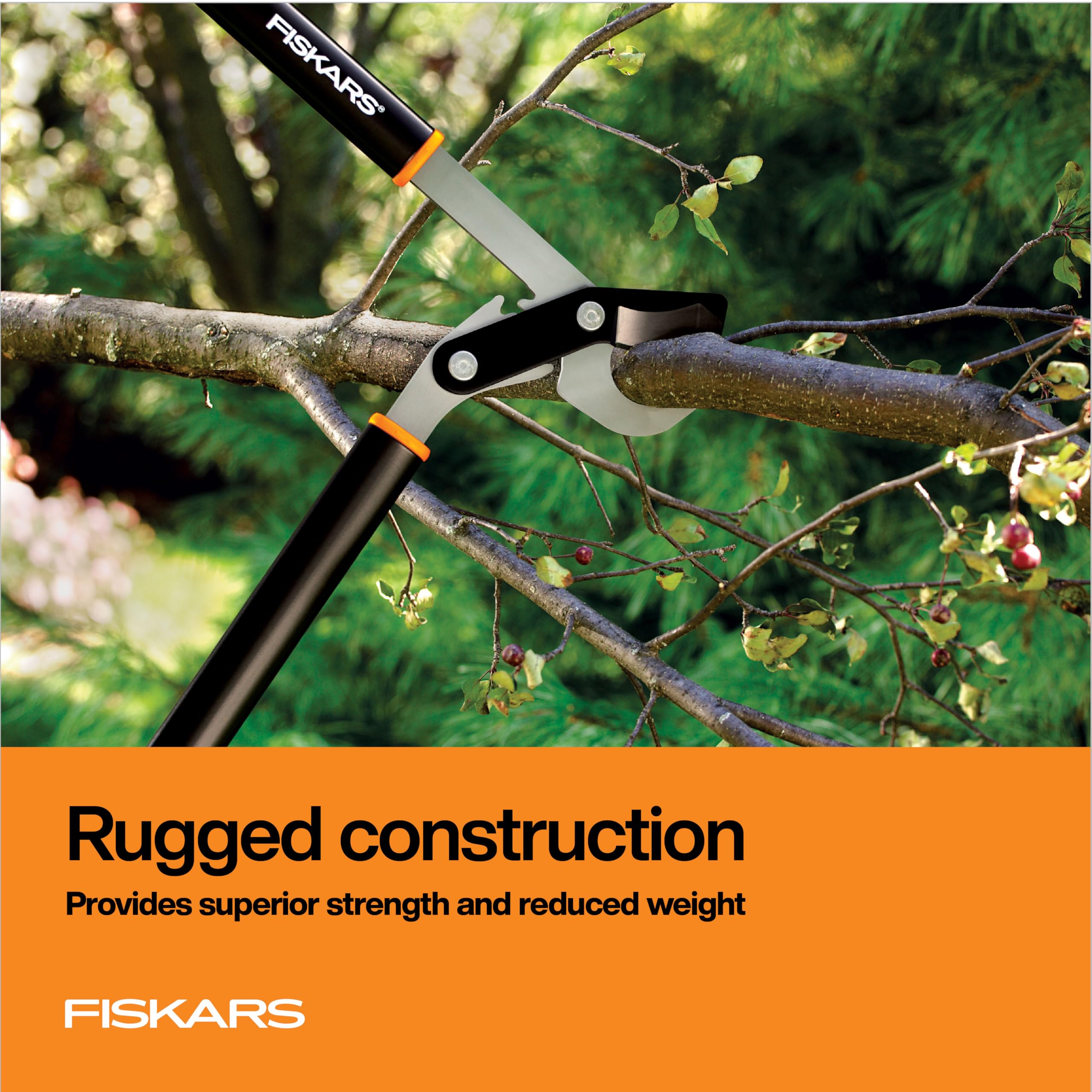 Fiskars lopper beside ruler showing 32-inch length and 2-inch cut capacity