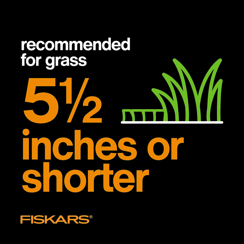 Fiskars mower with folded handle for compact storage and space-saving convenience