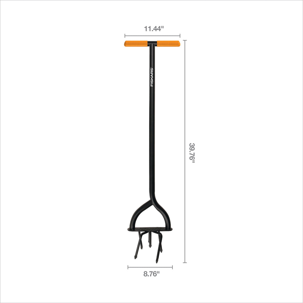 Fiskars tiller next to a ruler showing 40-inch length, reduced bending benefit
