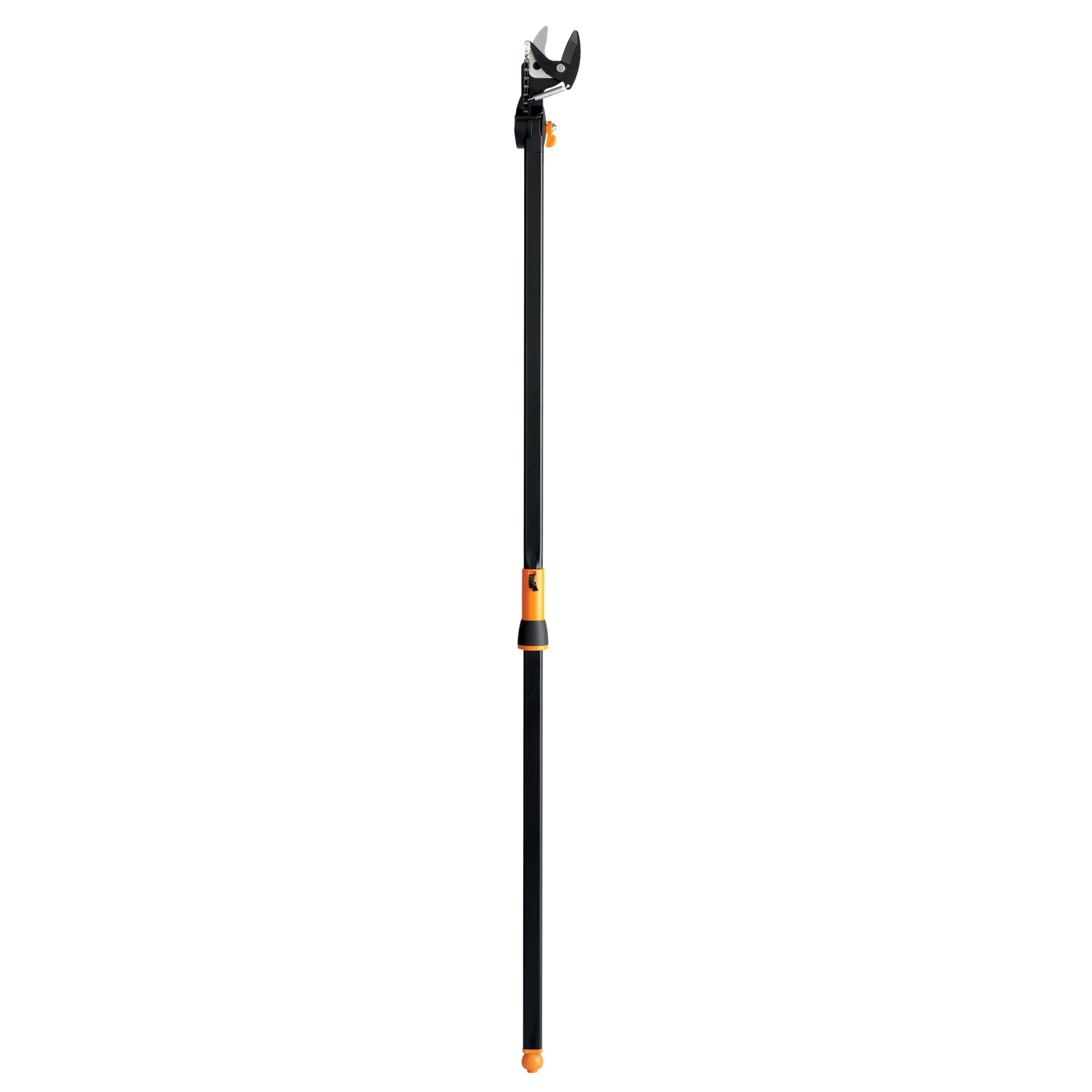 Fiskars tree trimmer front view showing full-length pole and cutting head for safer pruning