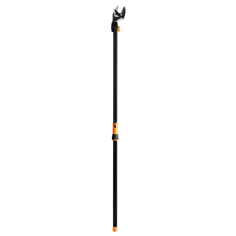 Fiskars tree trimmer front view showing full-length pole and cutting head for safer pruning