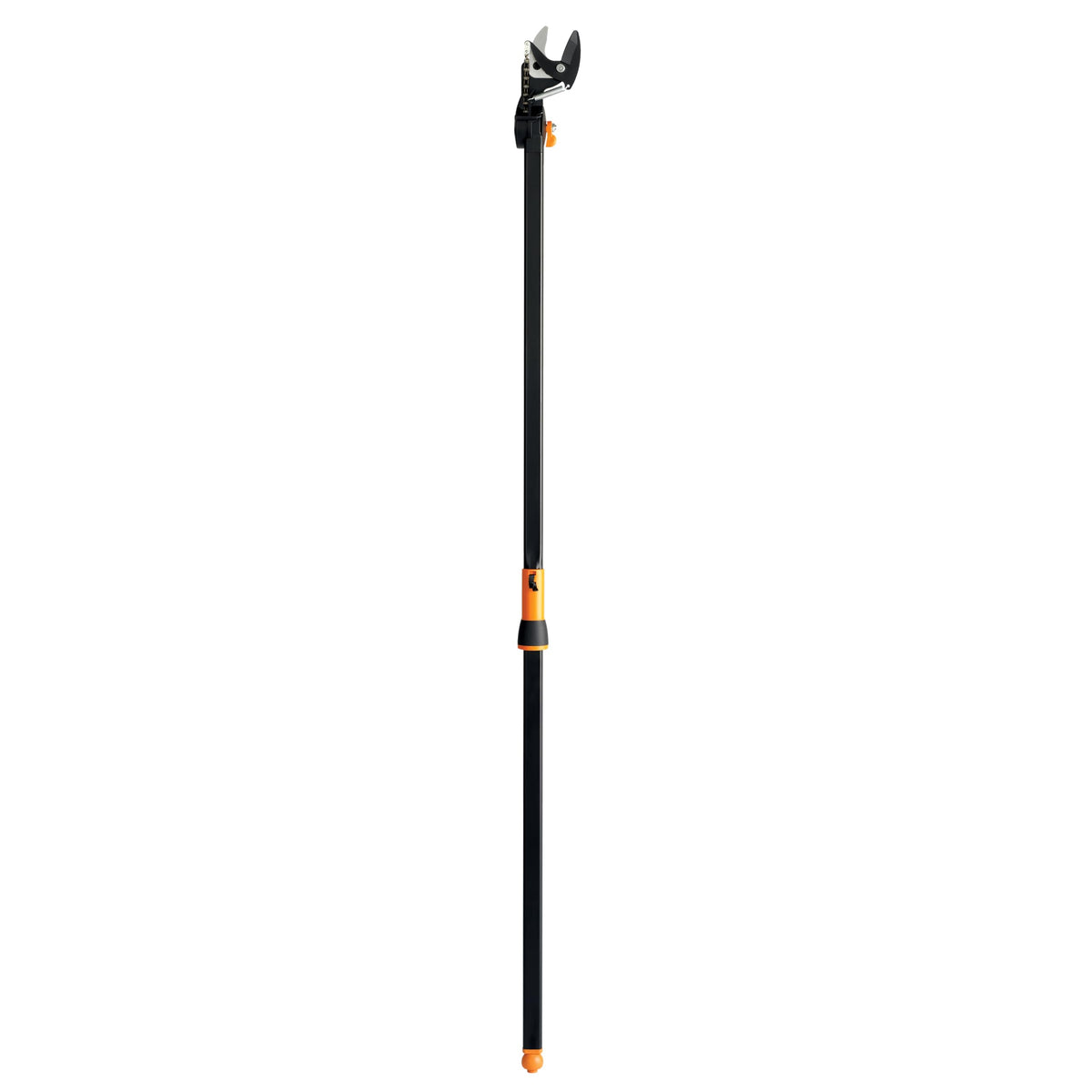 Fiskars tree trimmer front view showing full-length pole and cutting head for safer pruning