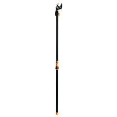 Fiskars tree trimmer front view showing full-length pole and cutting head for safer pruning