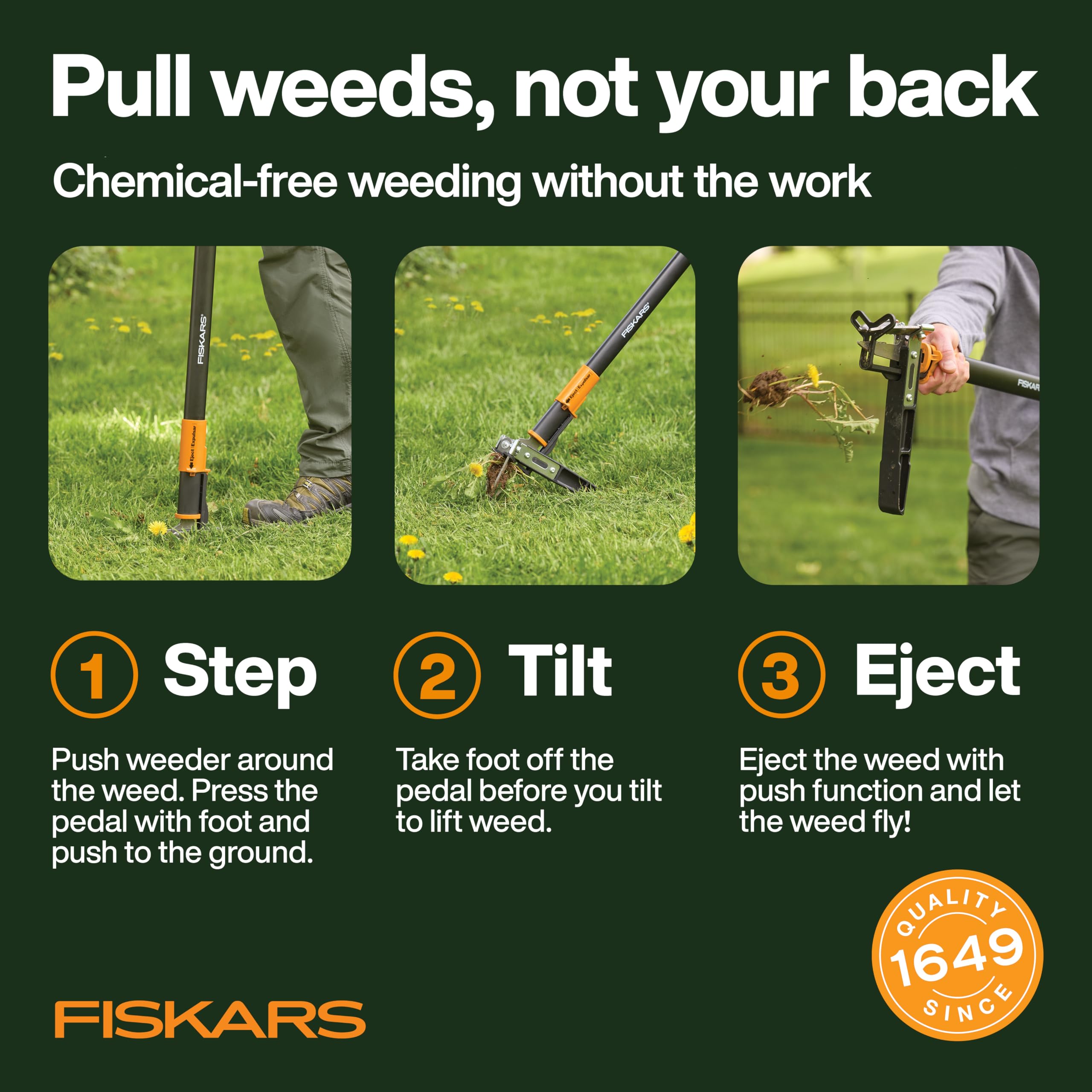 Fiskars close-up of three serrated stainless-steel claws gripping roots firmly