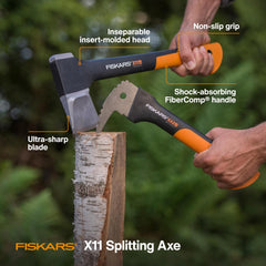 Fiskars X11 blade close-up highlighting wedge geometry for easier splitting