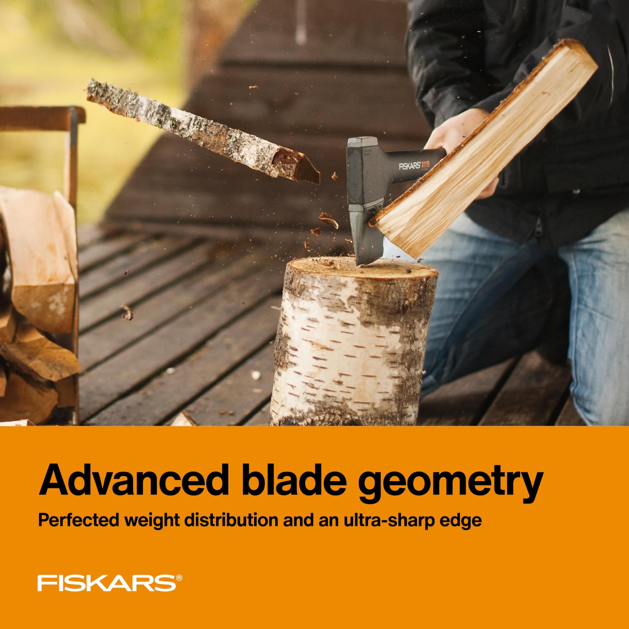 Fiskars X11 handle detail showing FiberComp grip for reduced hand strain