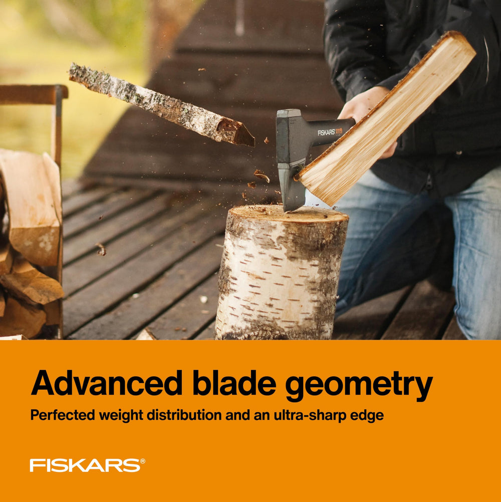 Fiskars X11 handle detail showing FiberComp grip for reduced hand strain