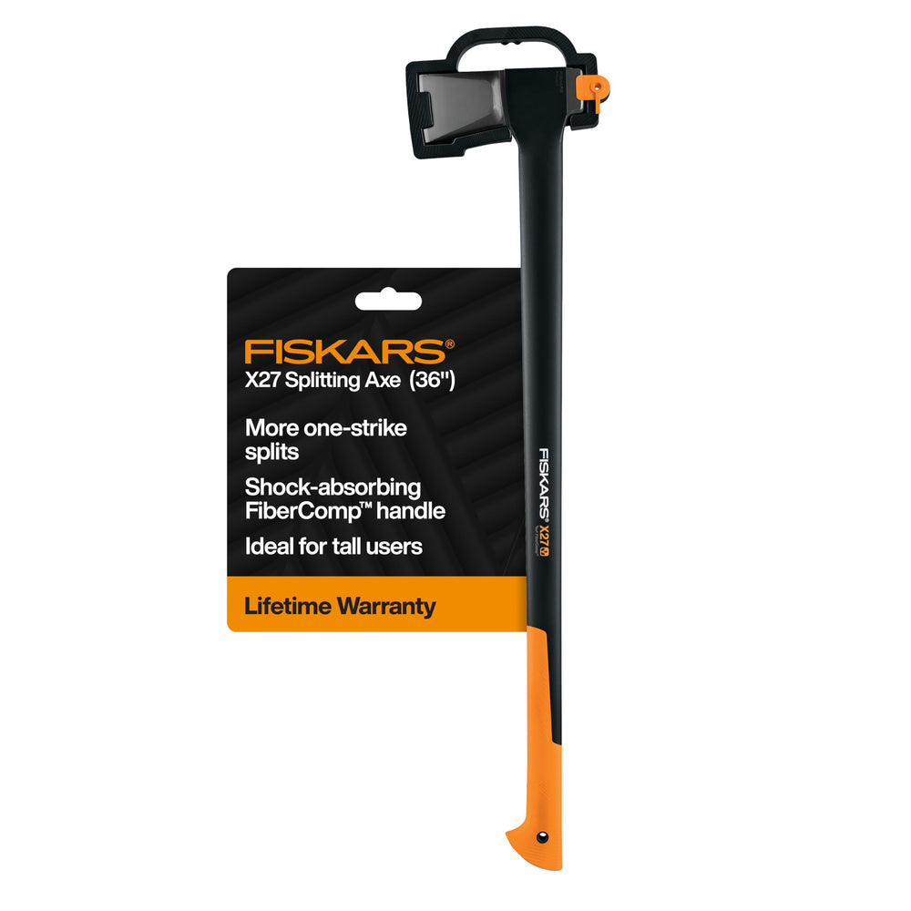 Fiskars X27 front view showing full 36-inch axe for powerful splitting