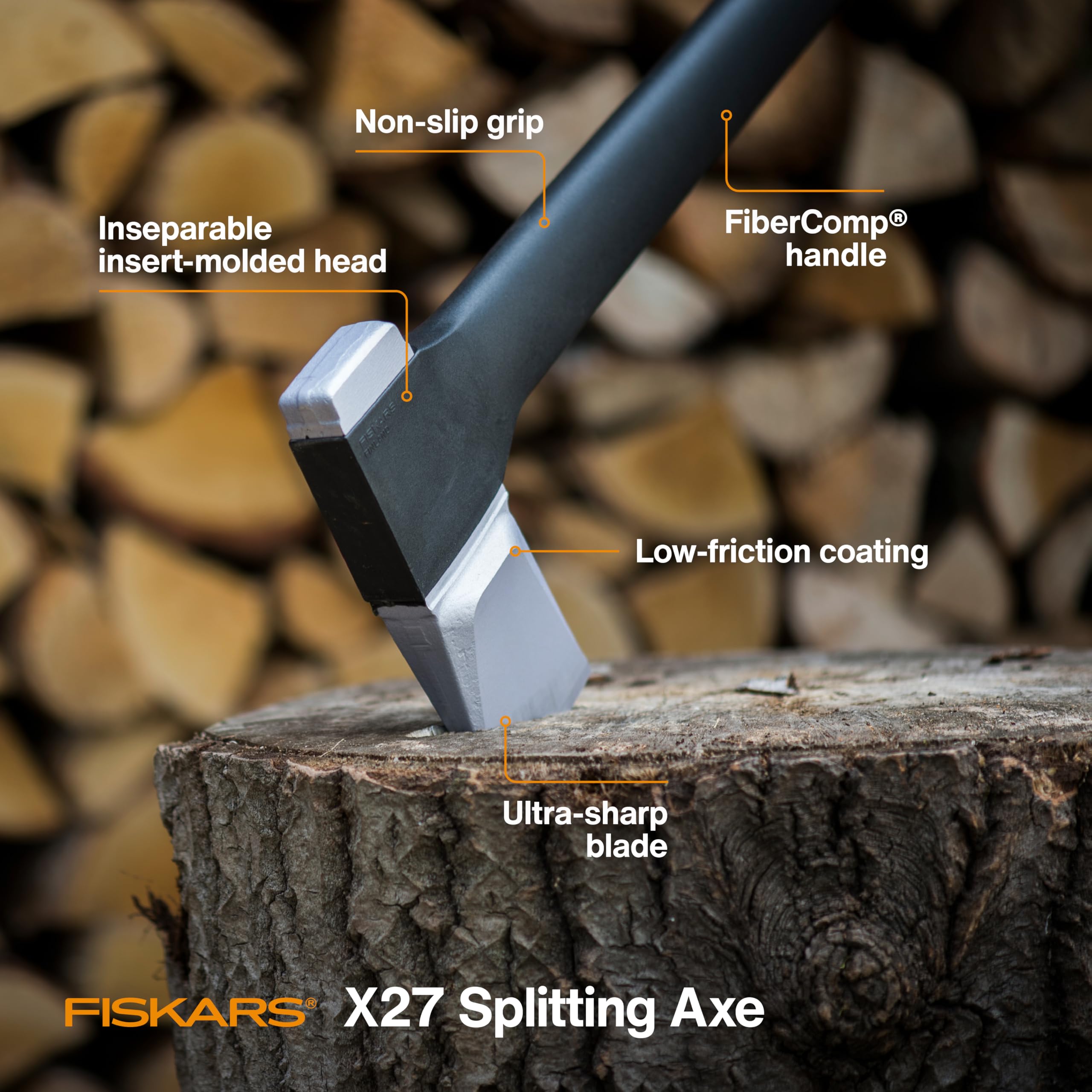 Fiskars X27 handle close-up showing shock-absorbing grip for comfort