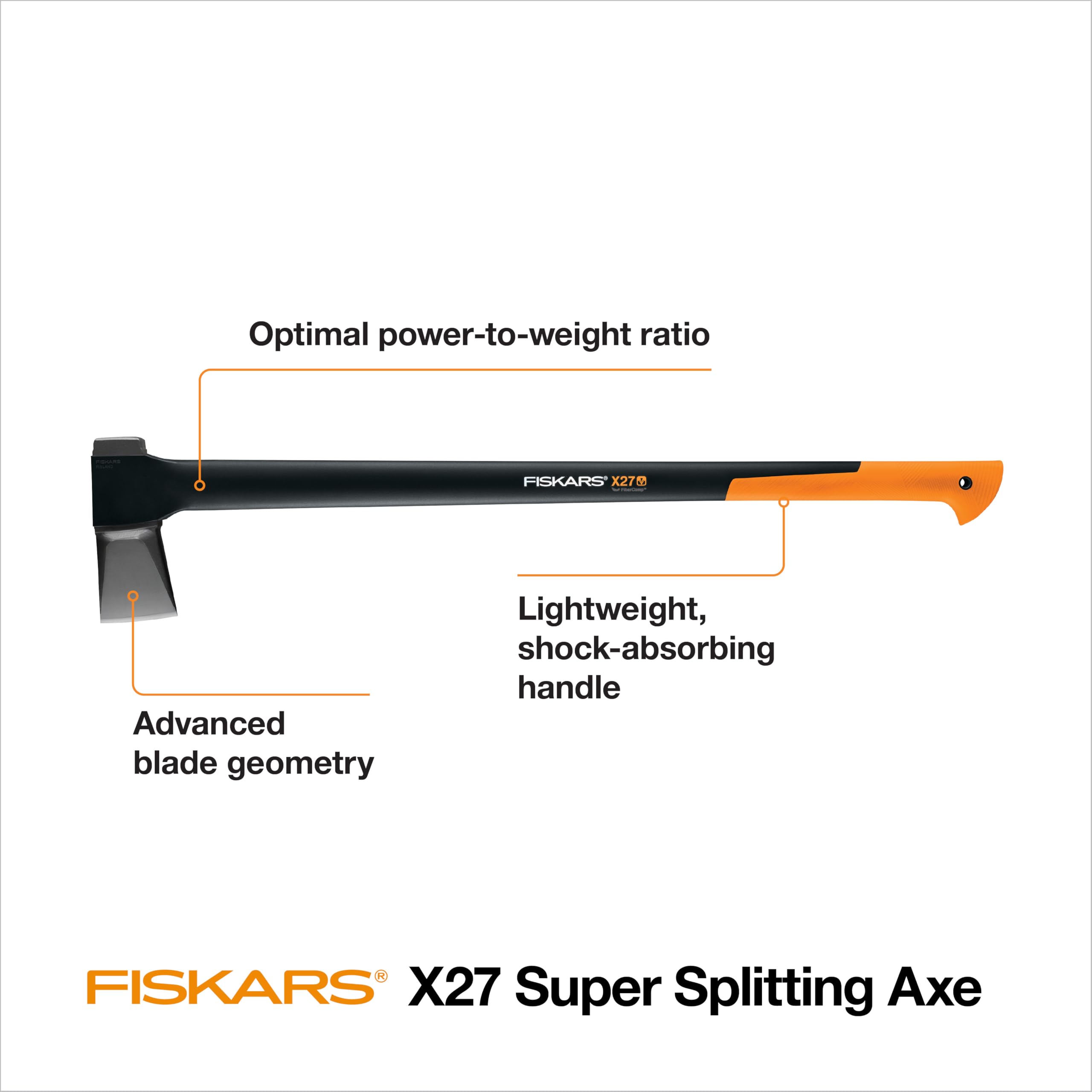 Fiskars X27 mid-swing splitting large log demonstrating efficient one-strike
