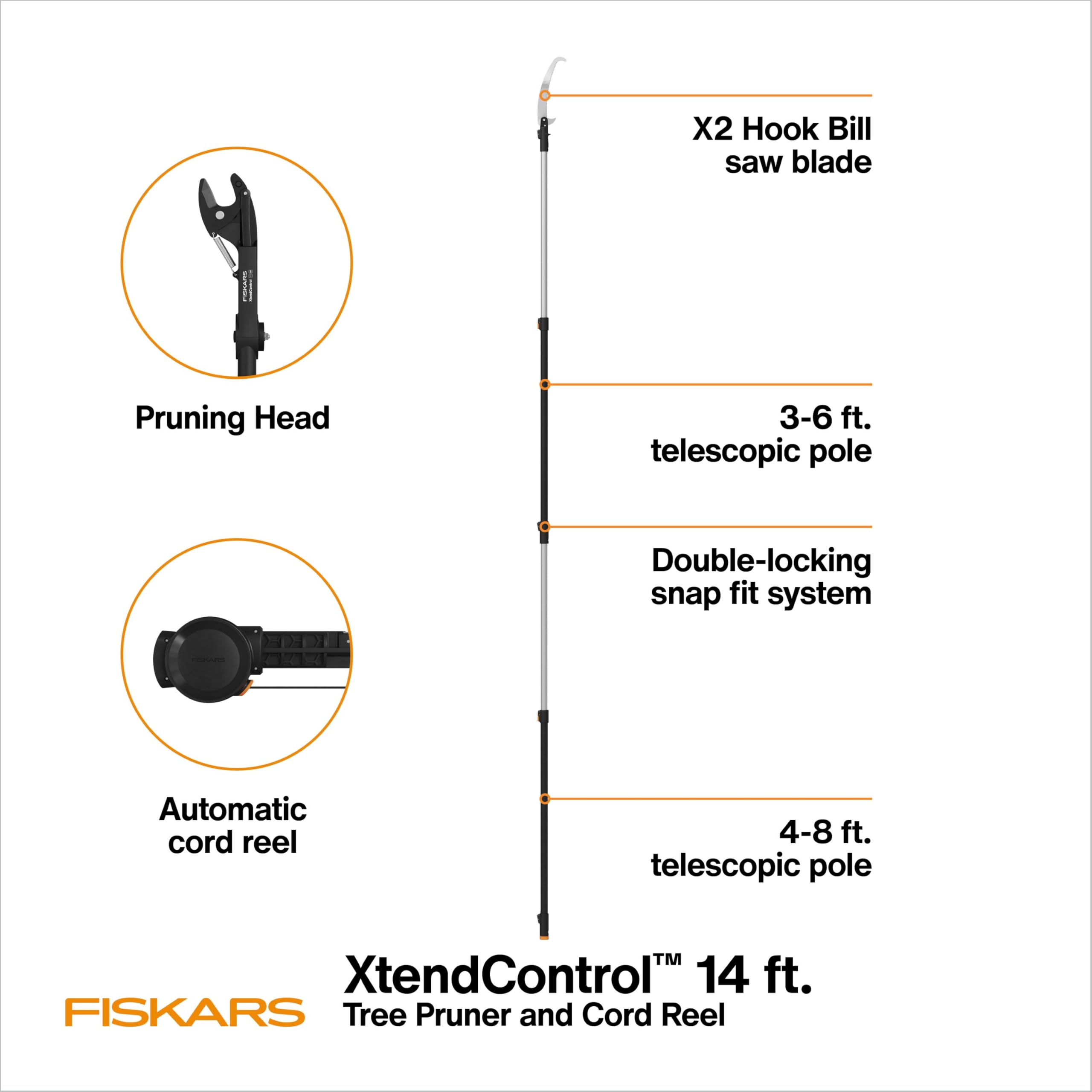 Fiskars full-length 14 ft setup extended to reach high branches for safer overhead work