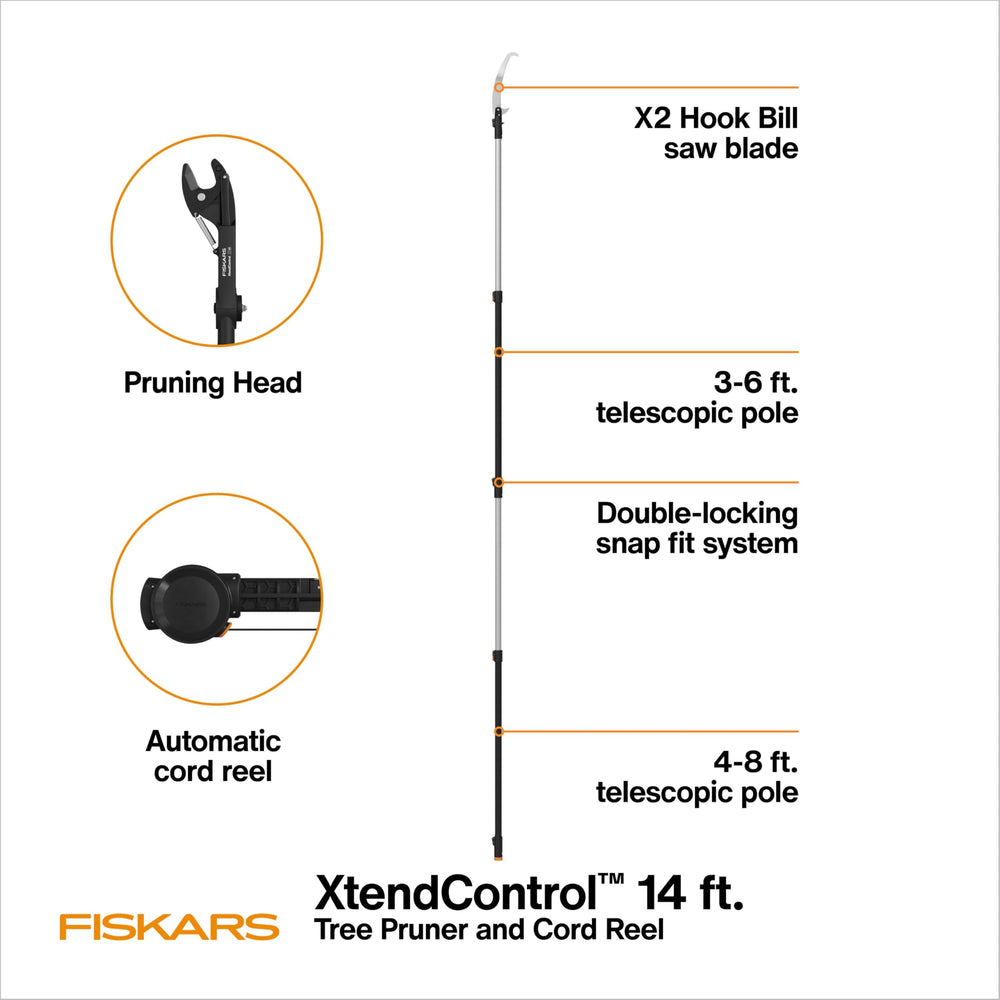 Fiskars full-length 14 ft setup extended to reach high branches for safer overhead work