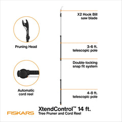 Fiskars full-length 14 ft setup extended to reach high branches for safer overhead work