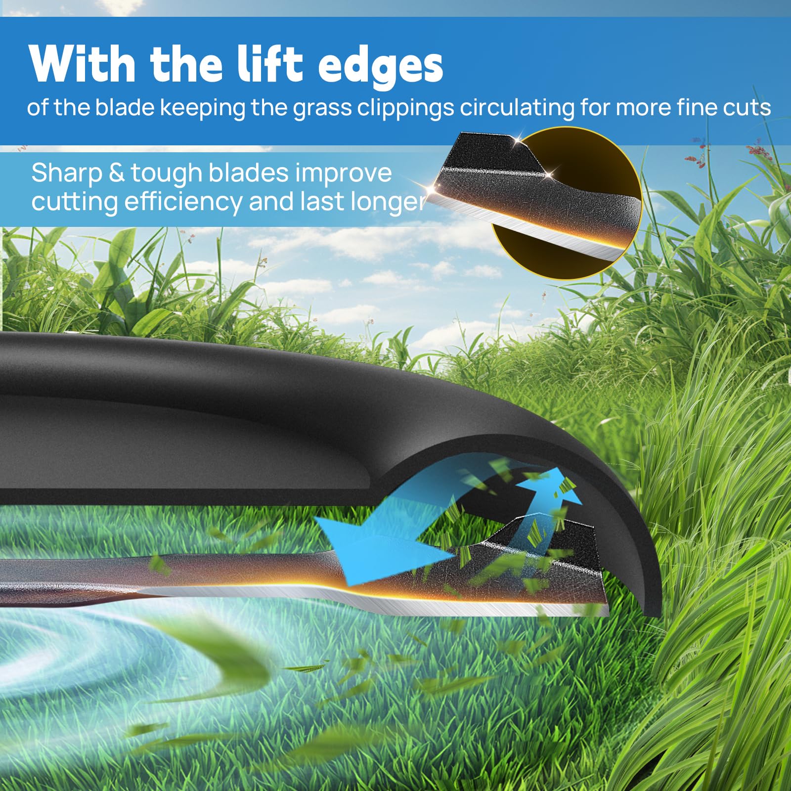 Fismiuta blade installed under mower deck improving airflow and bagging efficiency