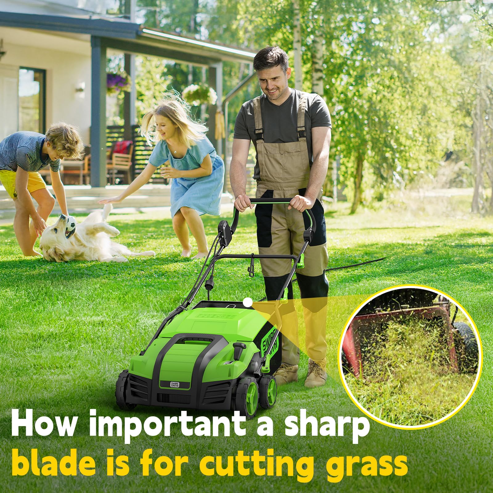 Fismiuta blade on mower mulching grass to show finer clippings and healthier lawn