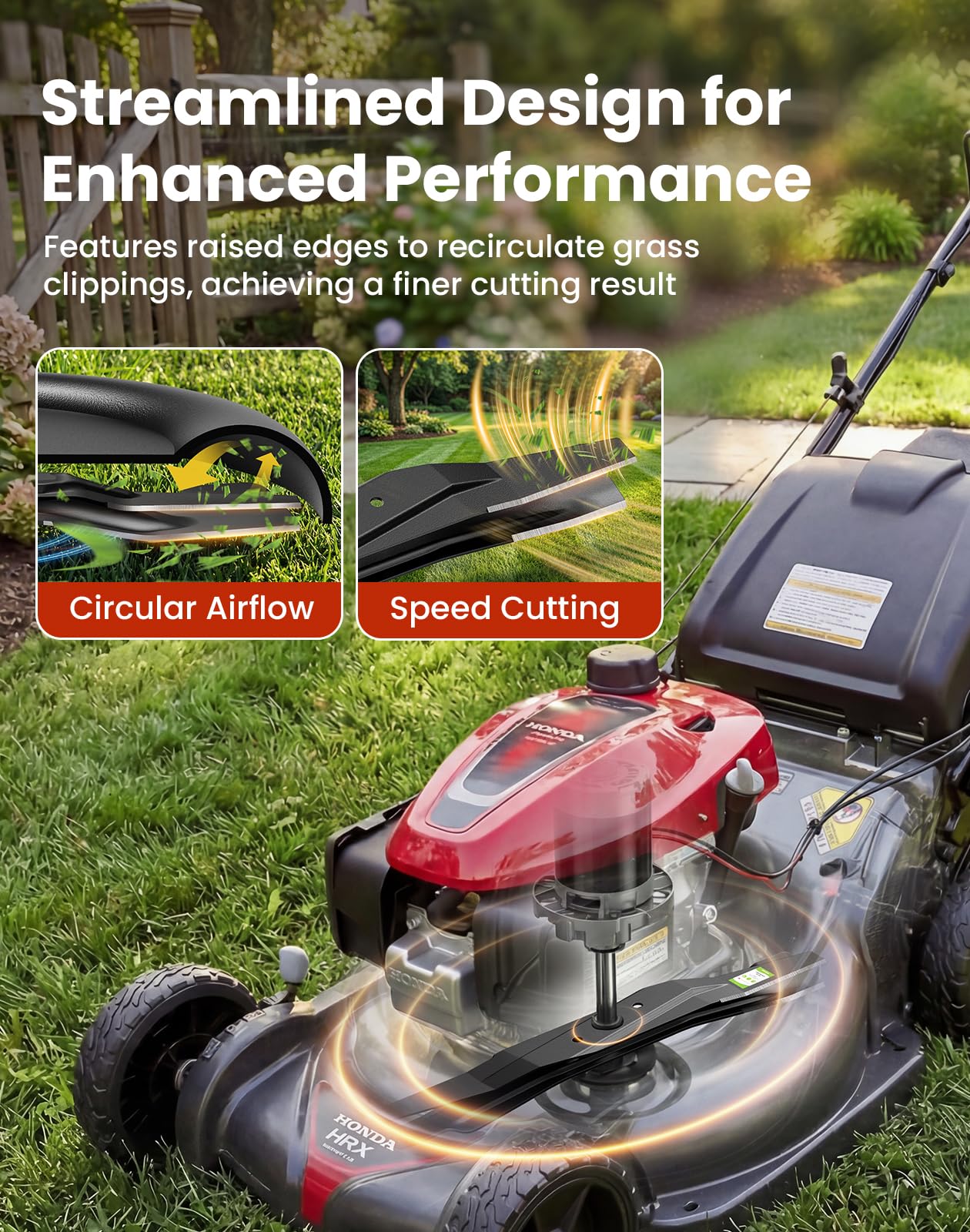 Fismiuta blades on a striped backyard lawn showing improved cut quality and appearance benefit