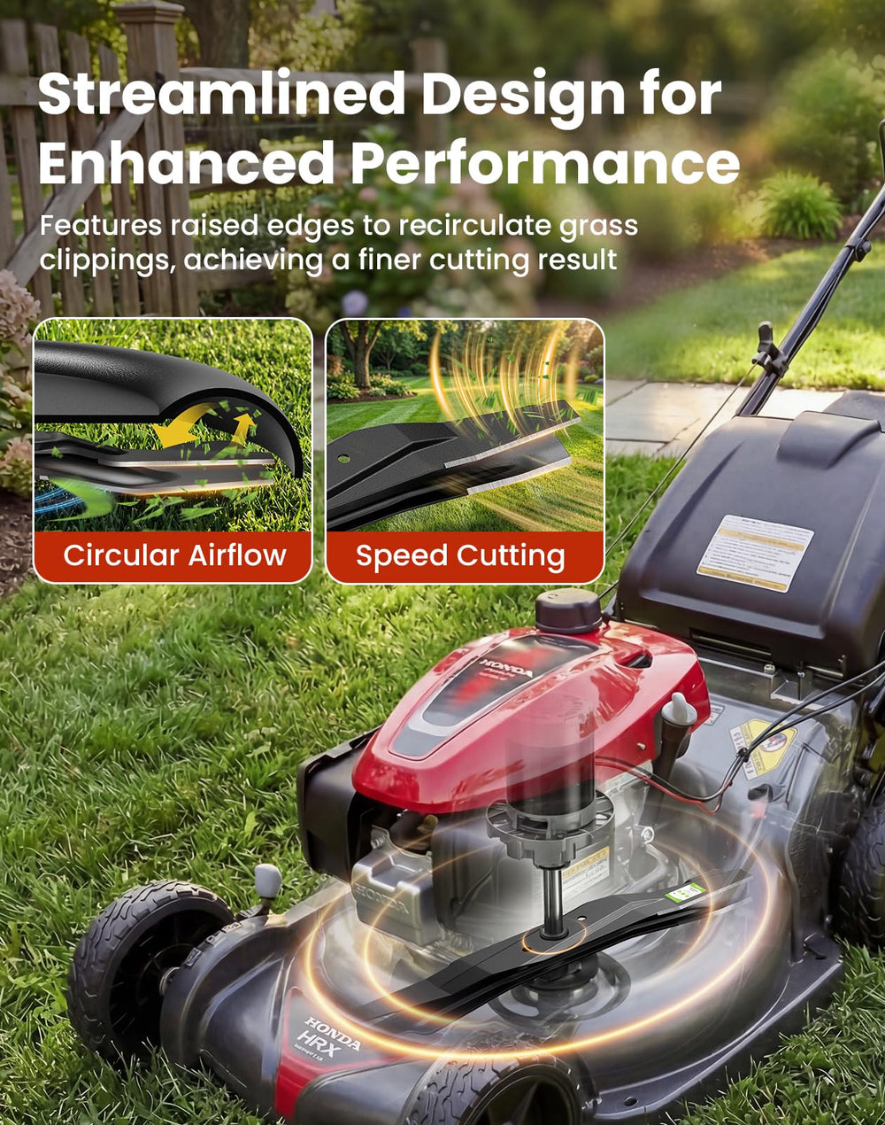 Fismiuta blades on a striped backyard lawn showing improved cut quality and appearance benefit