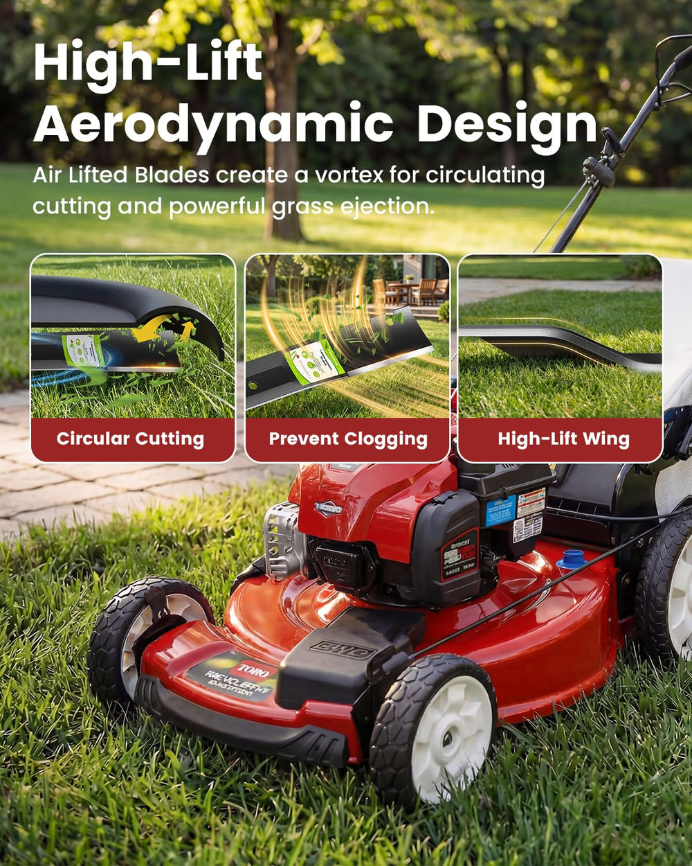 Fismiuta blade in yard scene showing cleaner clippings and lawn benefit