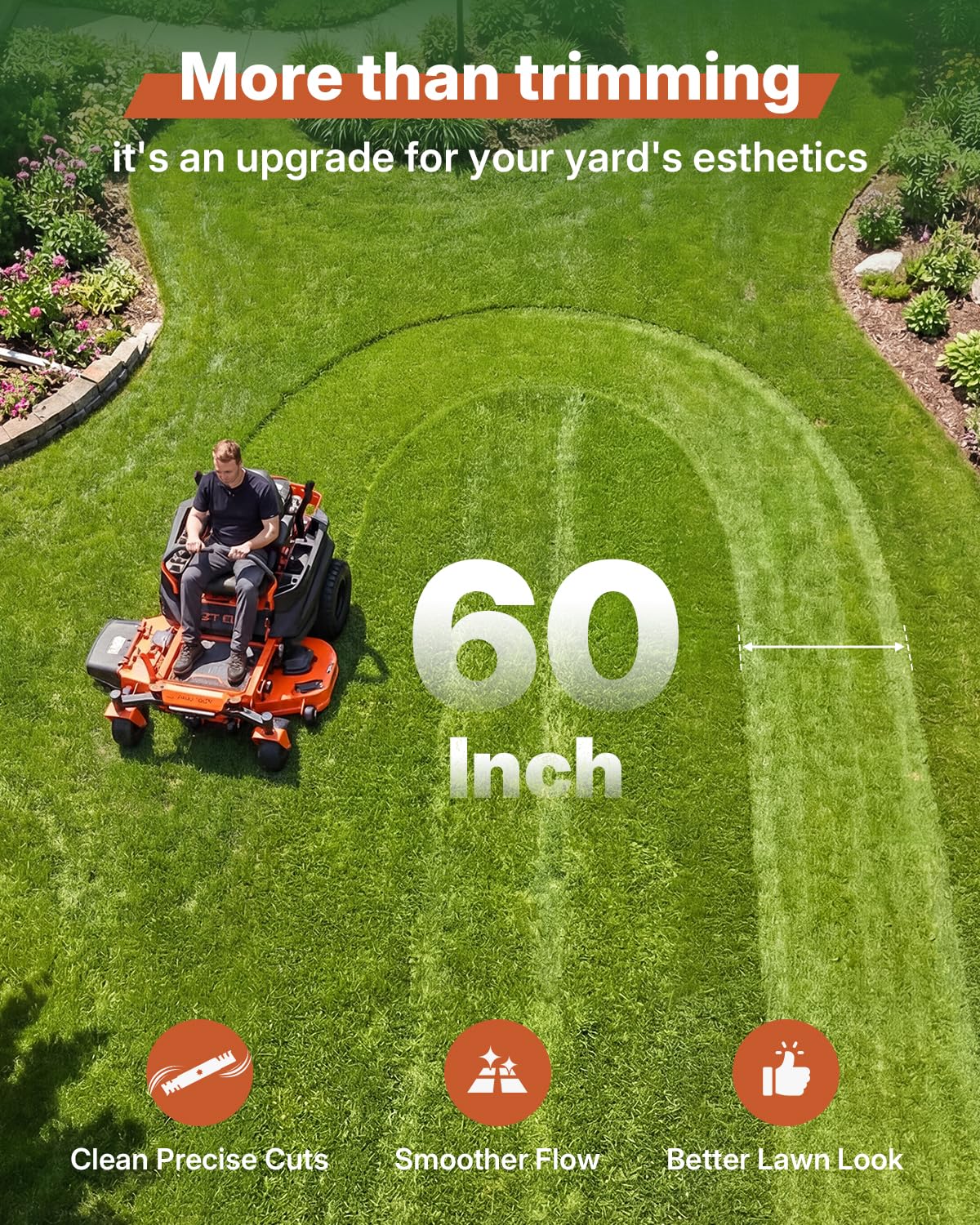 Fismiuta blades on a mower in a trimmed lawn illustrating clean one-pass cutting benefit