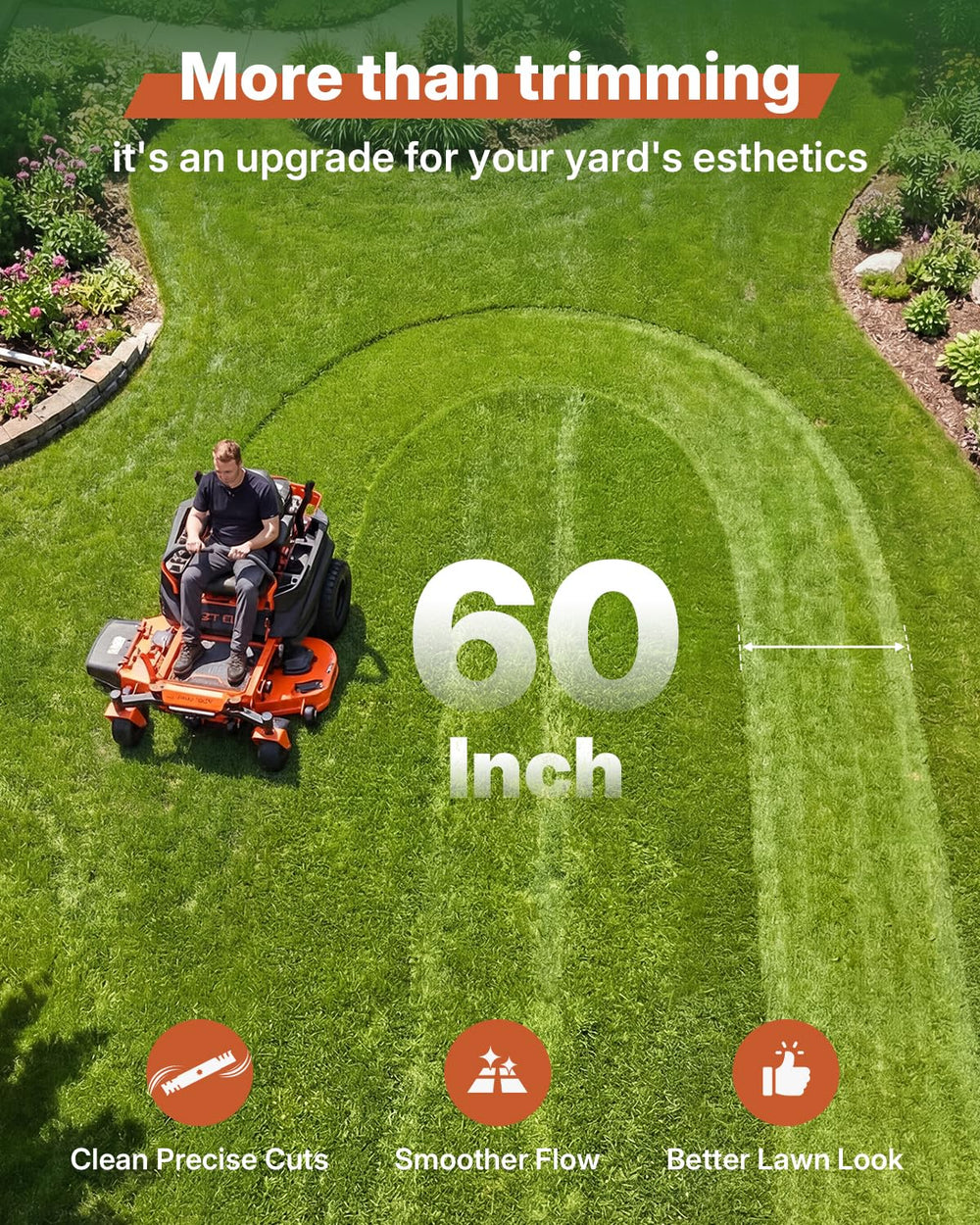 Fismiuta blades on a mower in a trimmed lawn illustrating clean one-pass cutting benefit