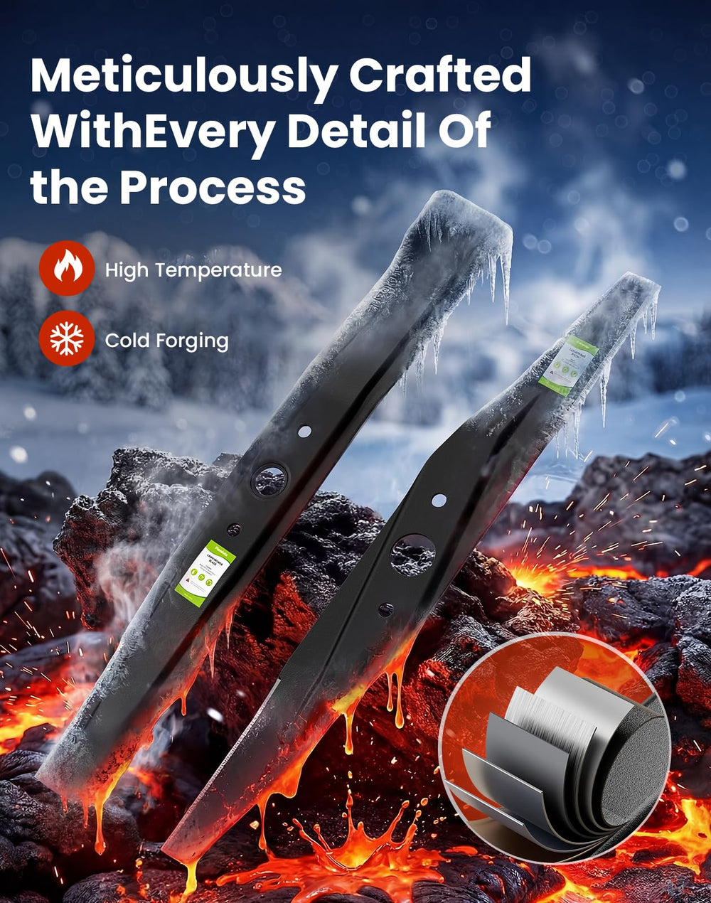 Fismiuta 21-inch blades next to ruler showing precise length for proper mower compatibility benefit