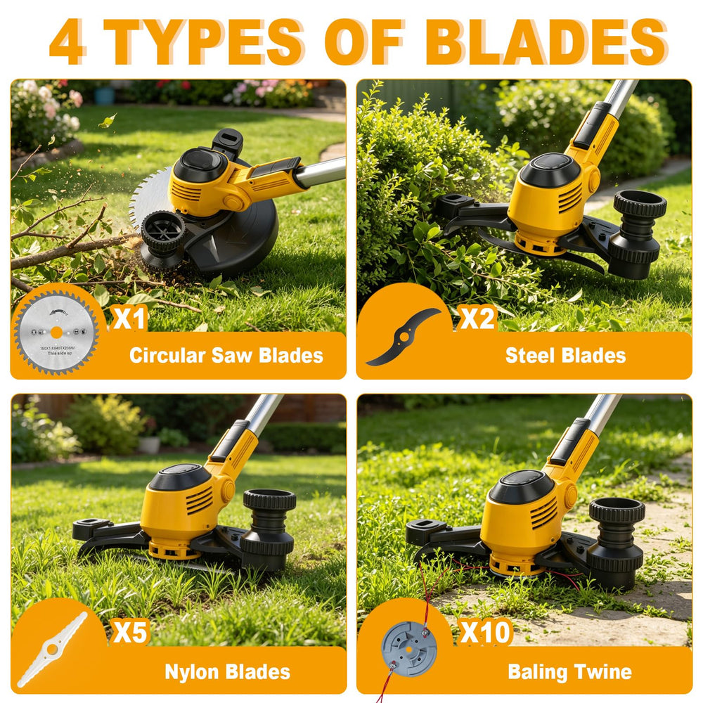 Fiutazge accessories laid out showing four heads for trimming and edging flexibility