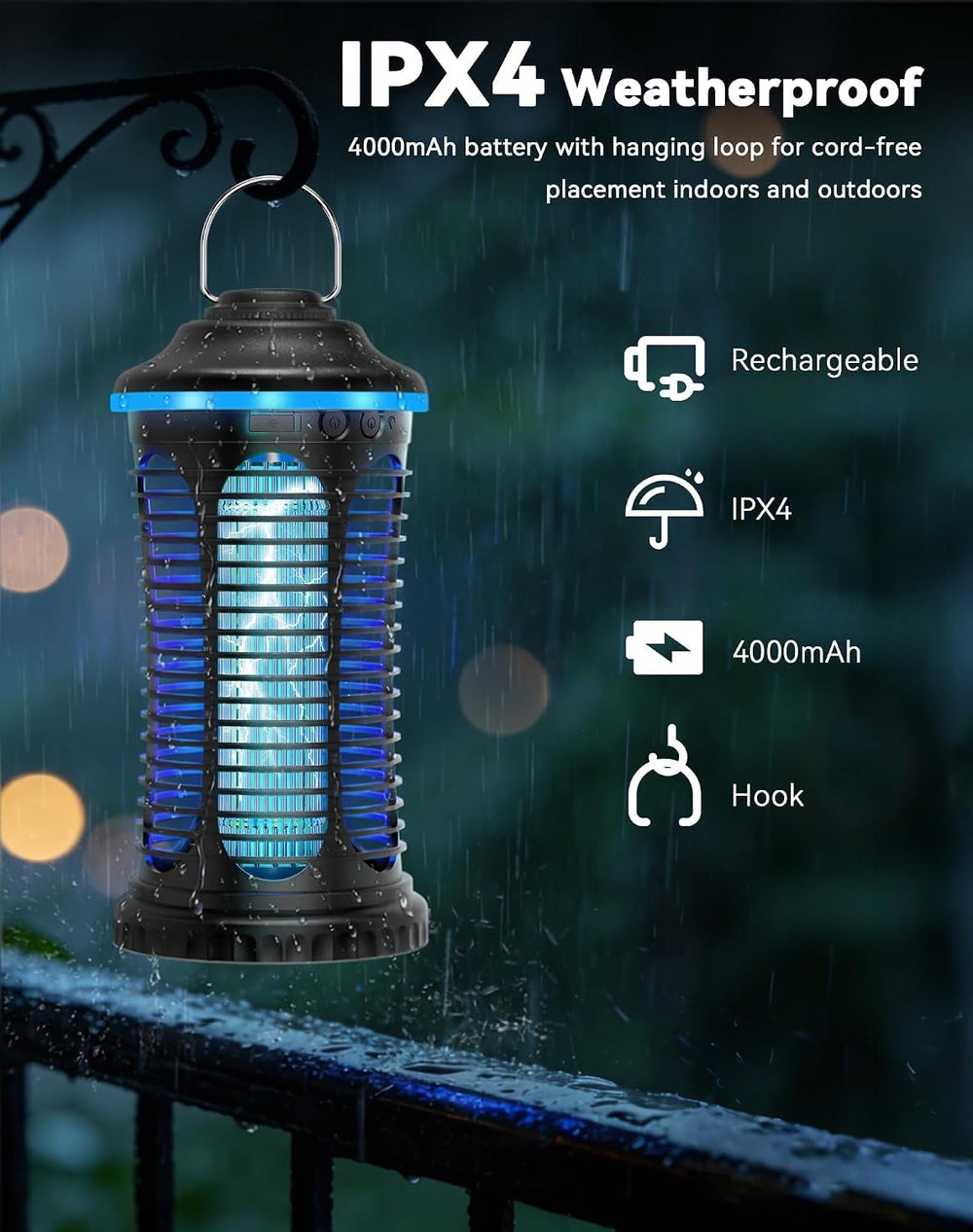 fiveye hanging from patio hook illuminating seating area, portable convenience