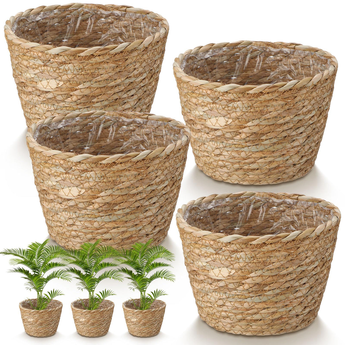 Fiwochic front view of four woven baskets showing natural boho look and versatility