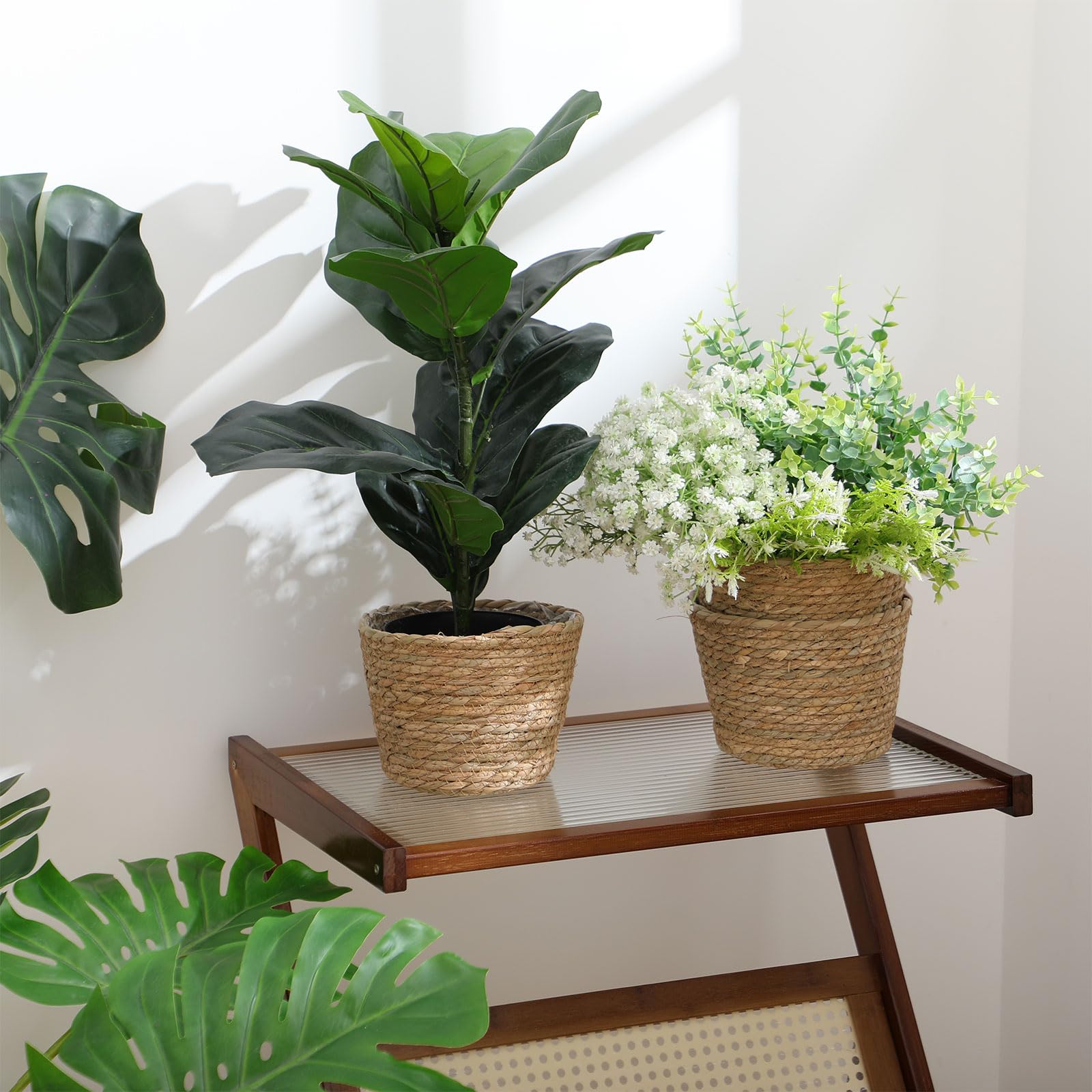 Fiwochic basket with potted plant in living room adding warm natural decor