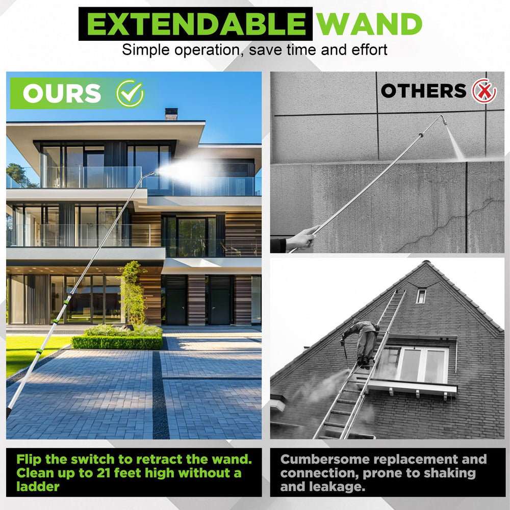 FIXFANS extended wand at full 21 ft reach demonstrating ladder-free access
