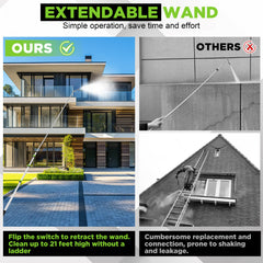 FIXFANS extended wand at full 21 ft reach demonstrating ladder-free access