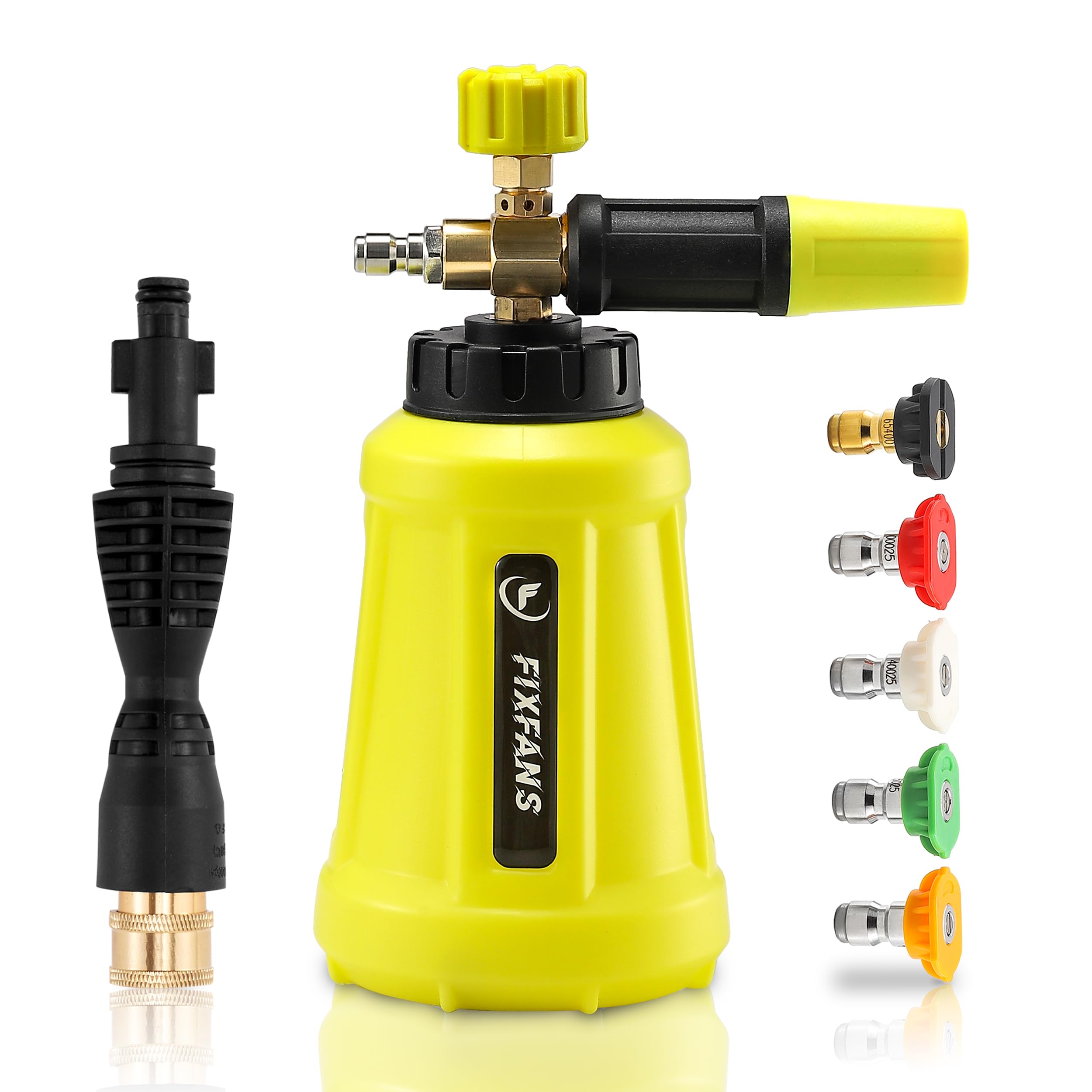 FIXFANS foam cannon front view showing bottle and connector for fast coverage