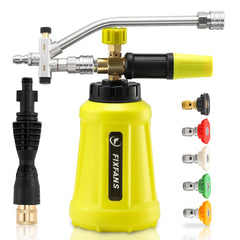 FIXFANS front view showing foam cannon and bottle, clear attachment benefit