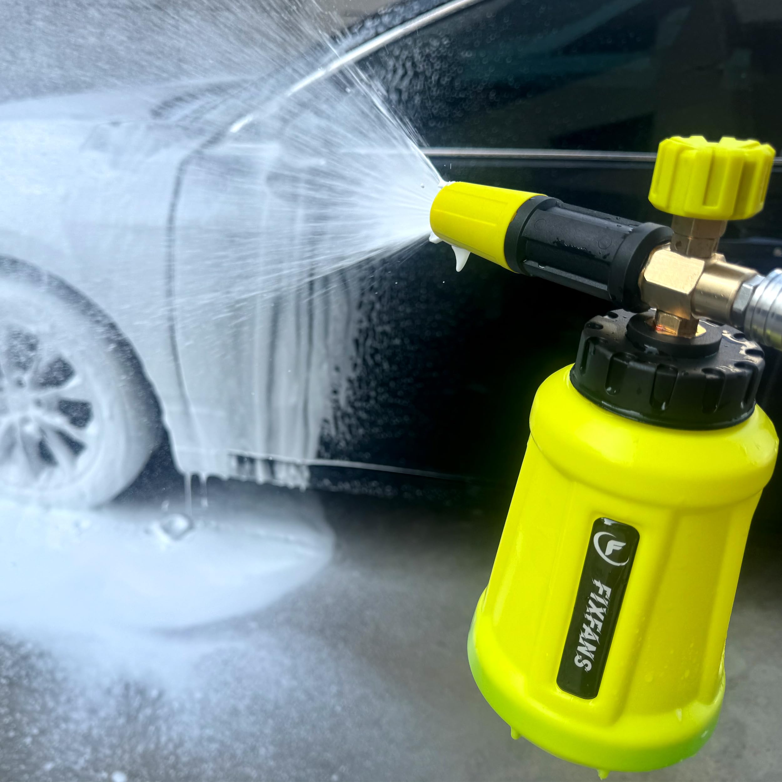 FIXFANS foam cannon spraying thick foam on car for safer, faster cleaning
