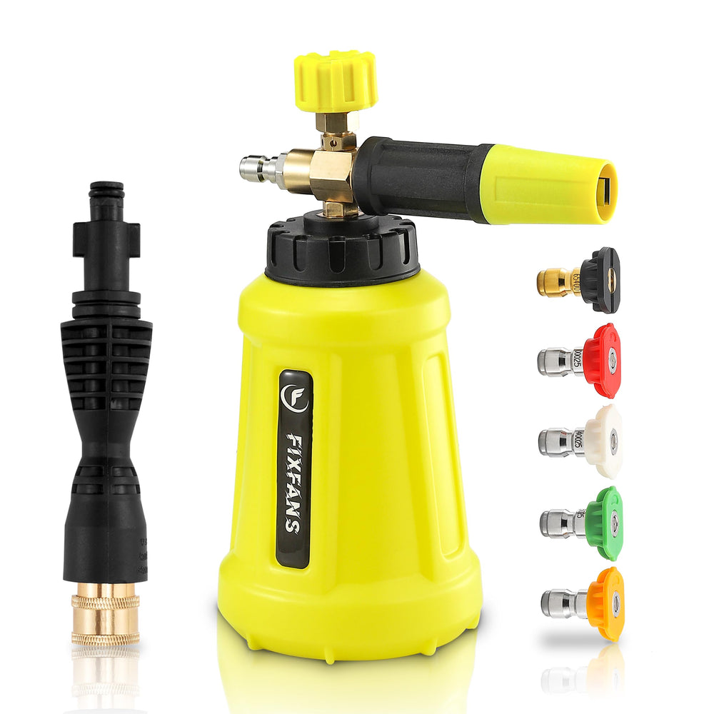 FIXFANS package contents showing cannon, adapter and five nozzle tips