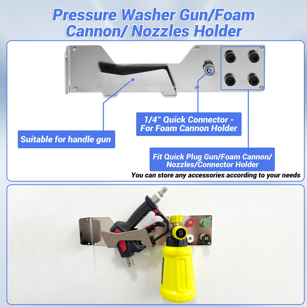 FIXFANS pressure-washer gun and foam cannon stored neatly for faster setup
