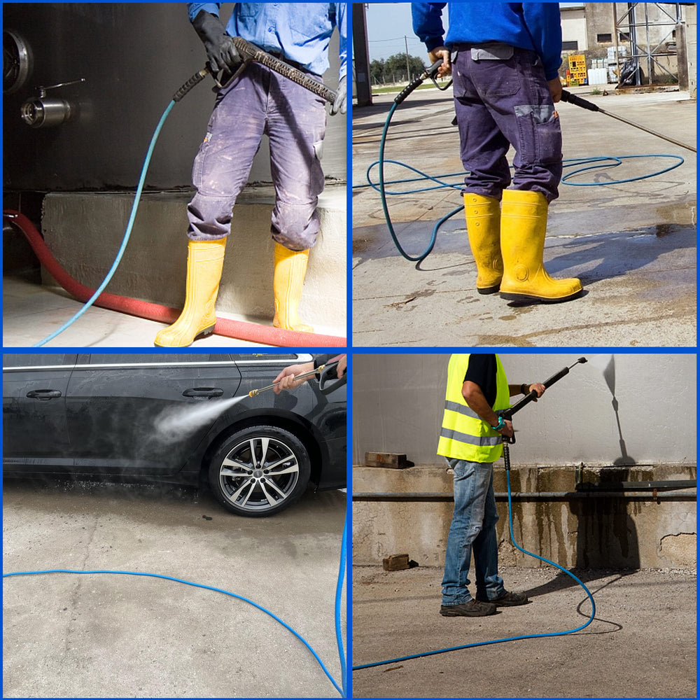 FIXFANS hose alongside measuring tape showing 50ft reach for extended coverage benefit