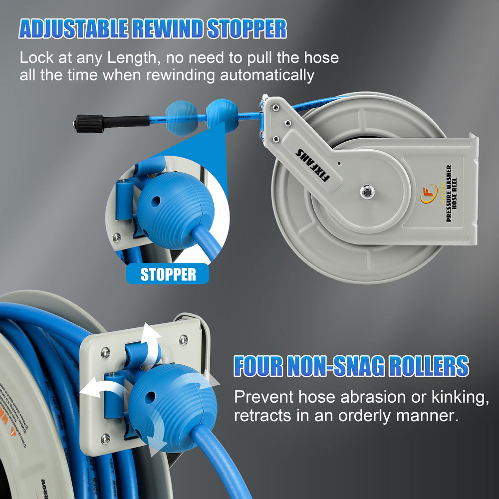 FIXFANS reel mounted on garage wall demonstrating space saving organization