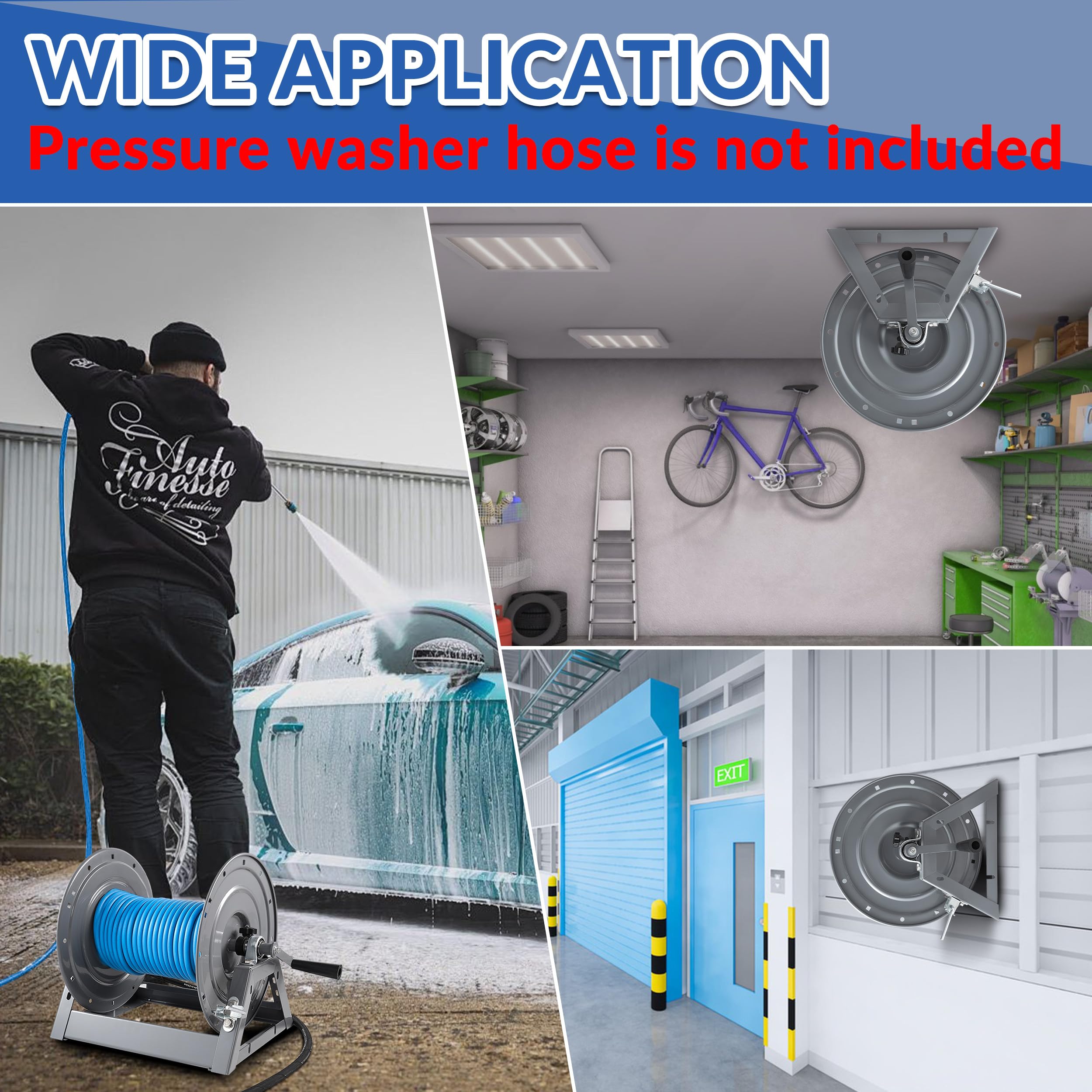 FIXFANS ceiling-mounted reel showing overhead placement and workshop clearance advantage