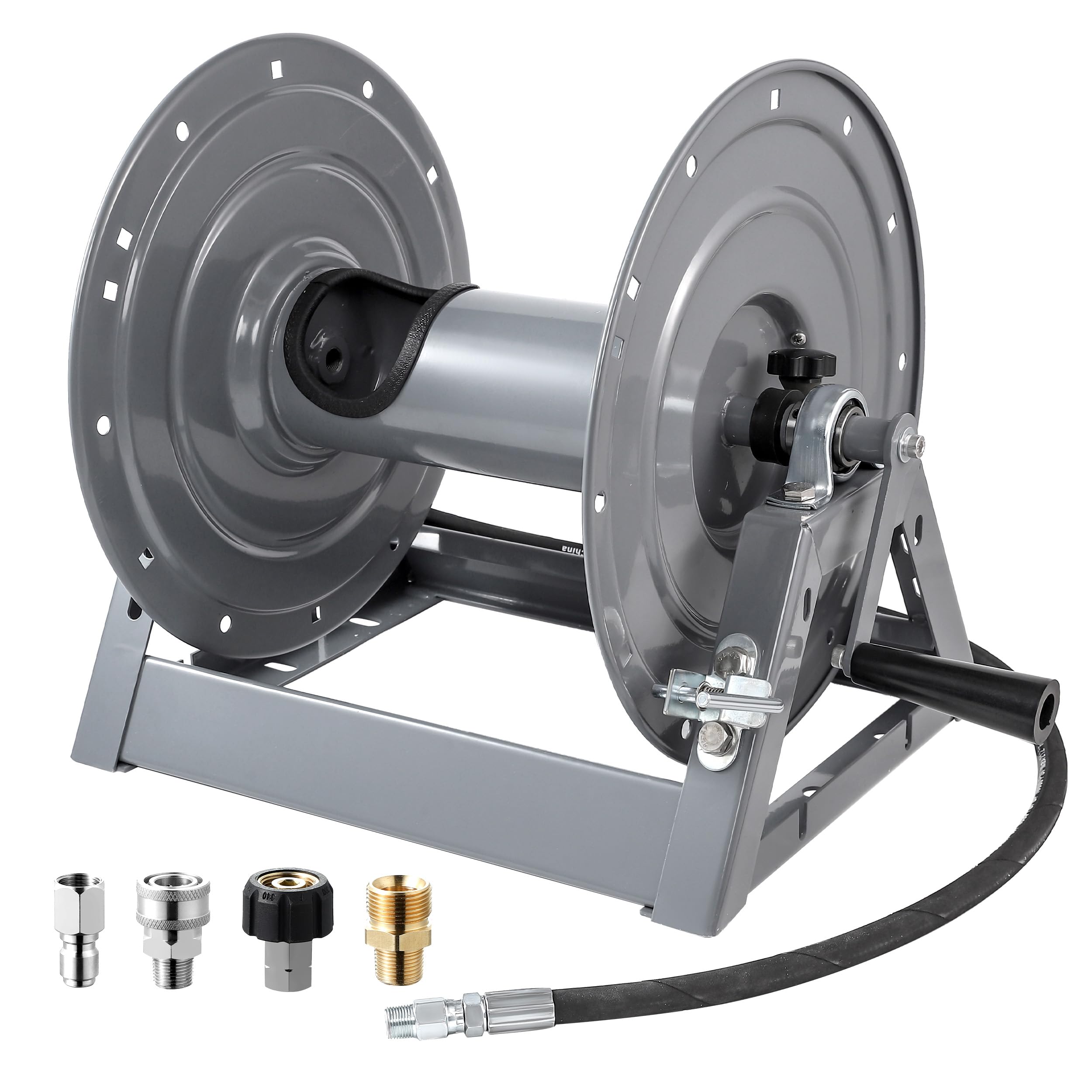 FIXFANS reel next to a tape measure showing scale and hose capacity at a glance