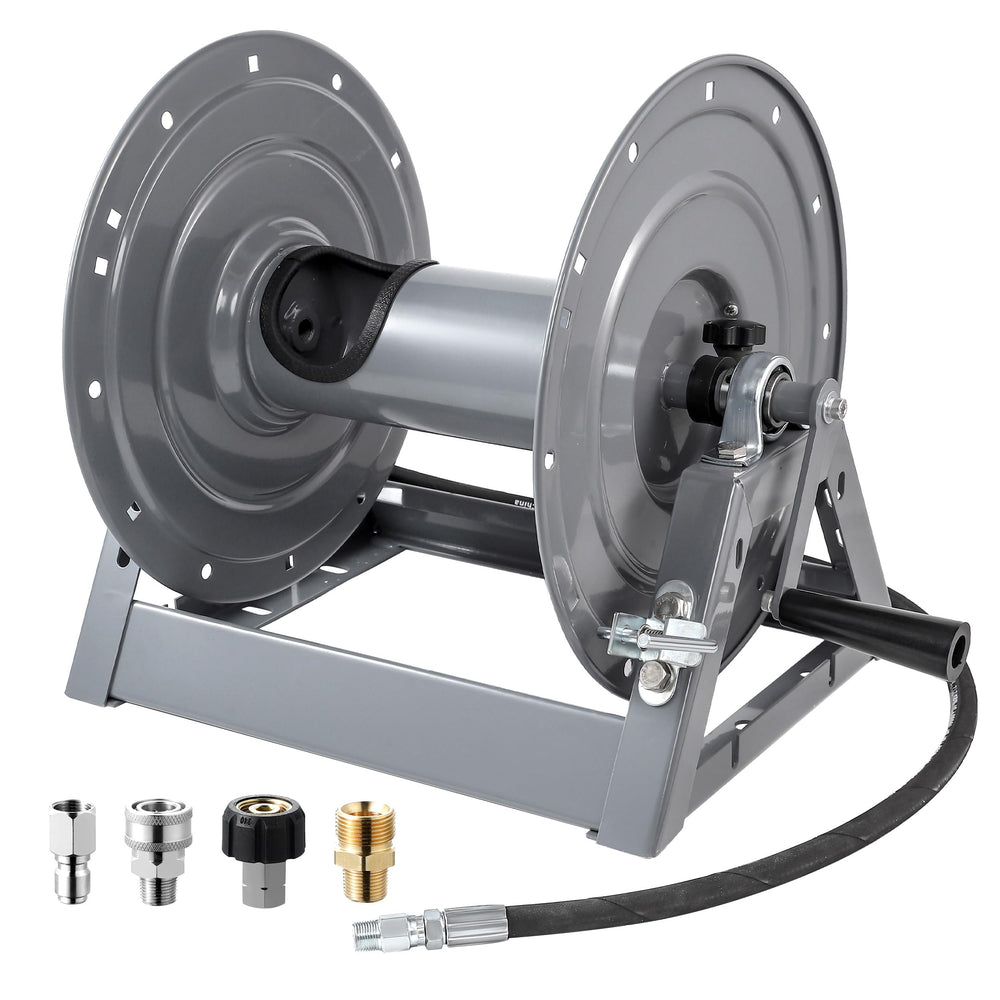FIXFANS reel next to a tape measure showing scale and hose capacity at a glance