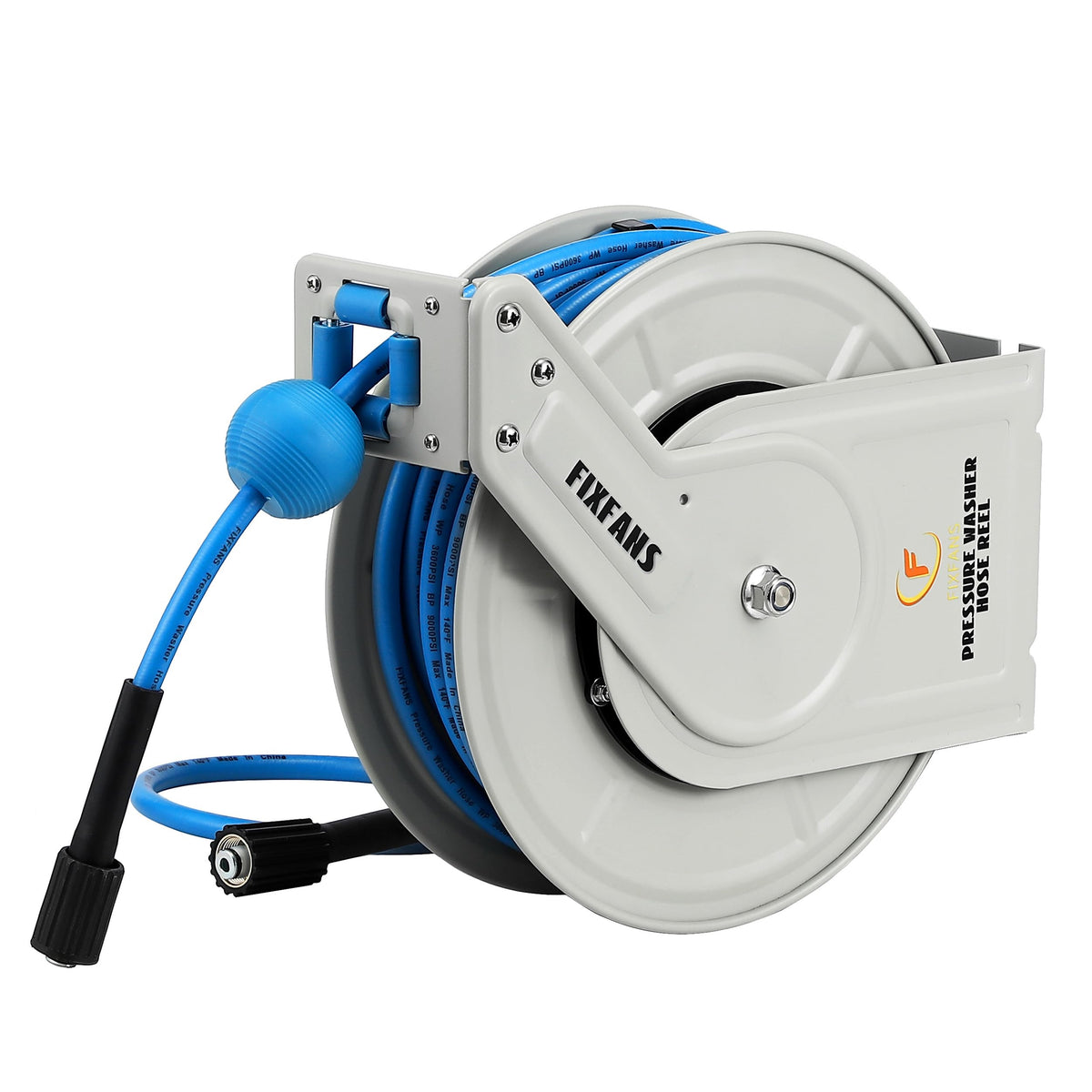 FIXFANS front view of retractable reel showing compact storage and tidy hose