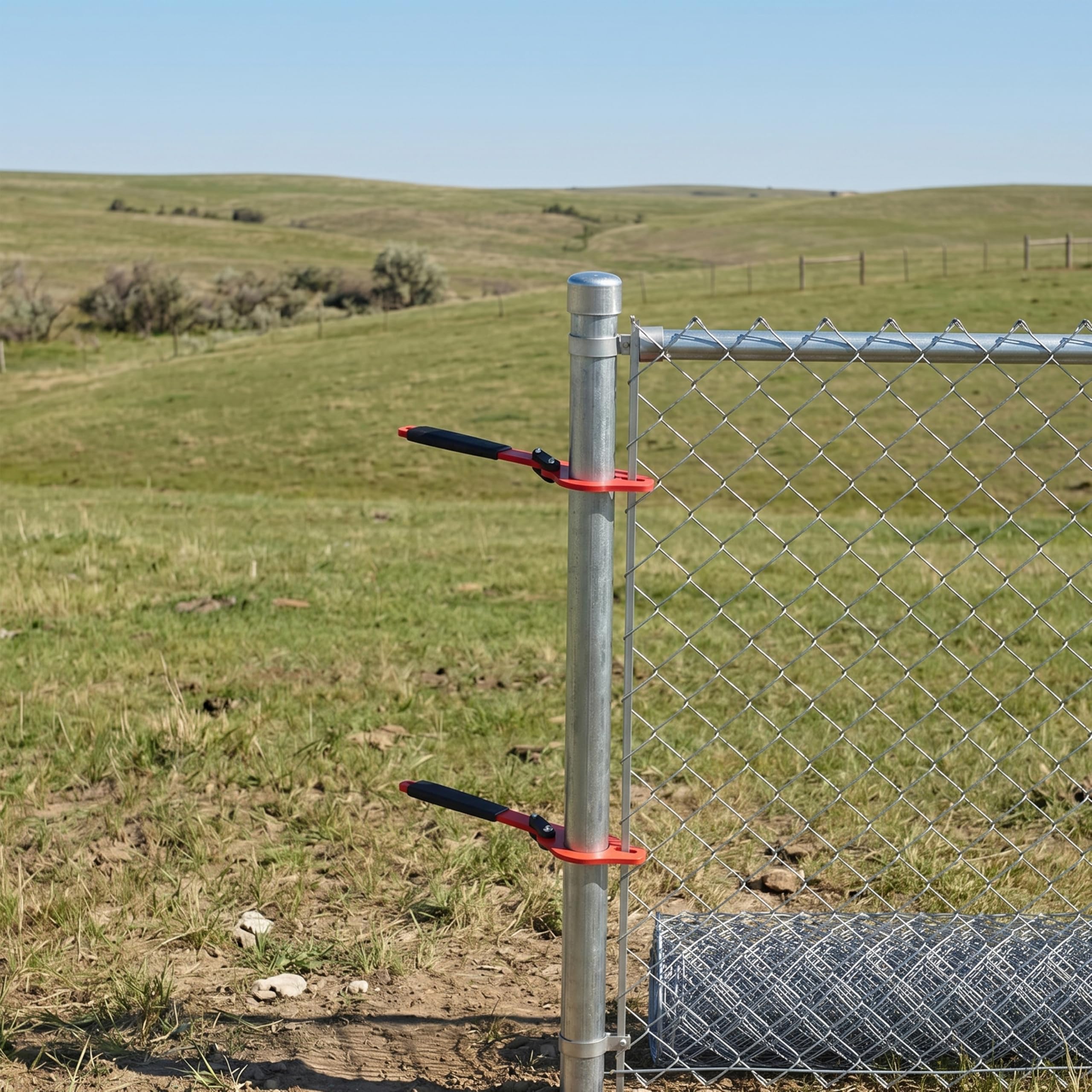 Fixum stretching chain-link panel in use demonstrating single-person operation
