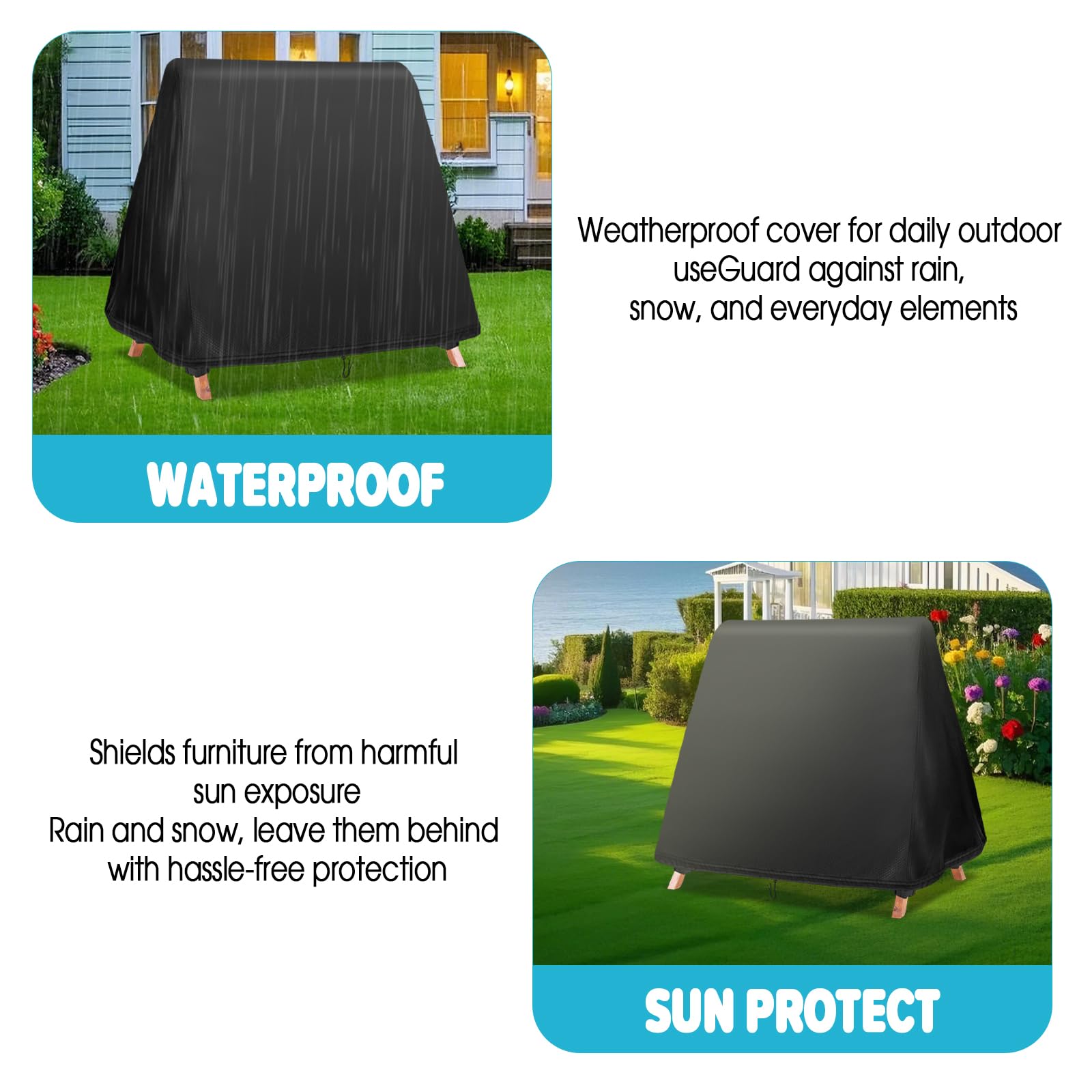 Fizentia covered swing in rainy setting protecting cushions and frame