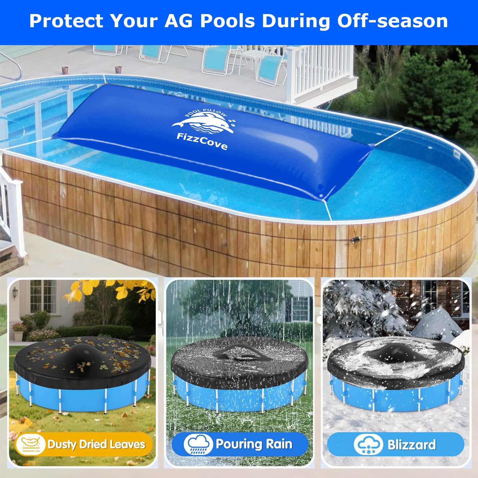 FizzCove pillow installed under a pool cover reducing ice pressure on walls