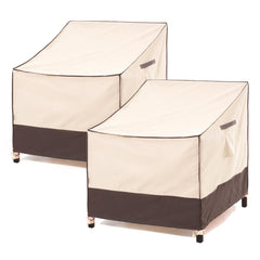 F&J Outdoors front view of beige and coffee chair covers showing fit and color