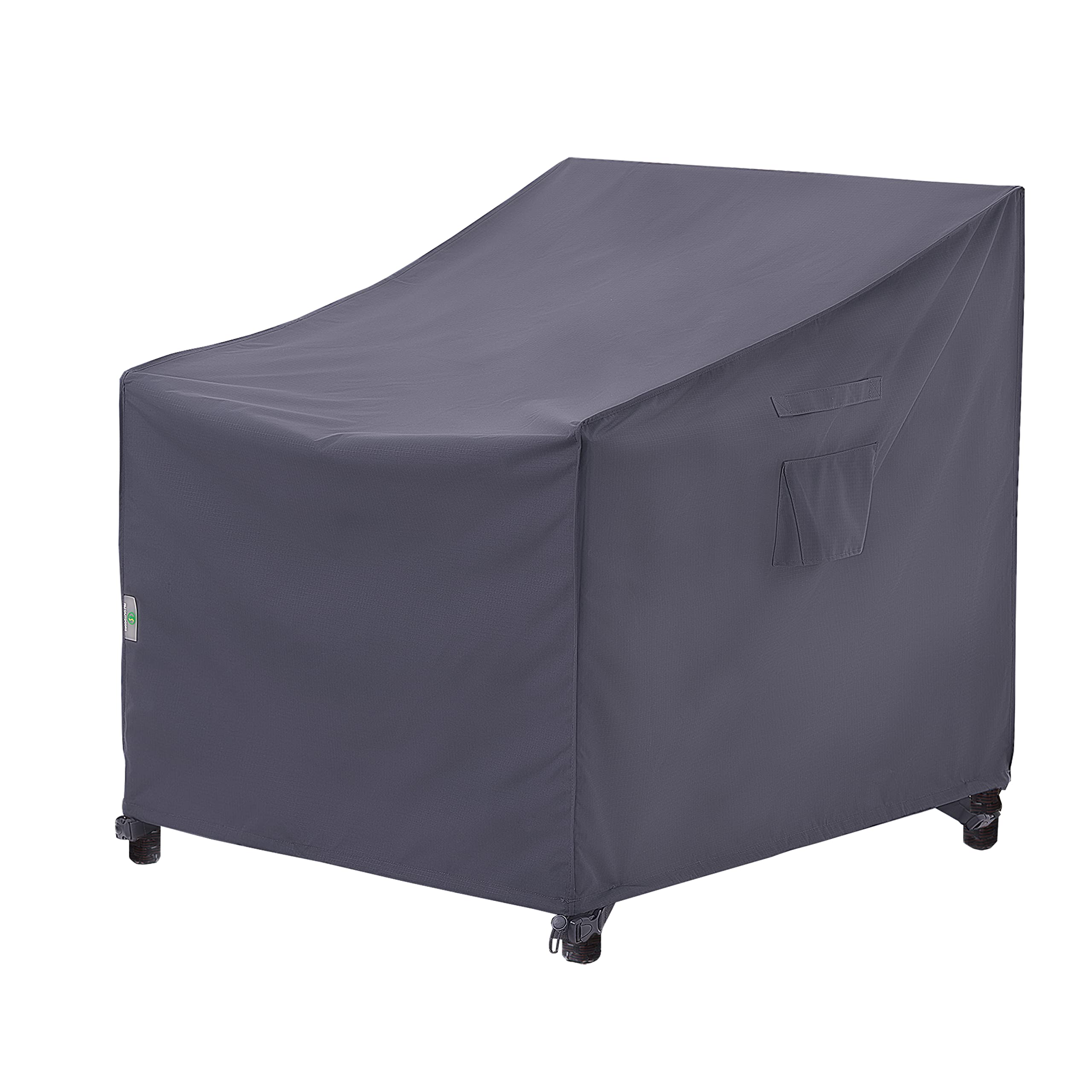 F&J Outdoors funda frontal en gris protegiendo silla de patio, protección visible