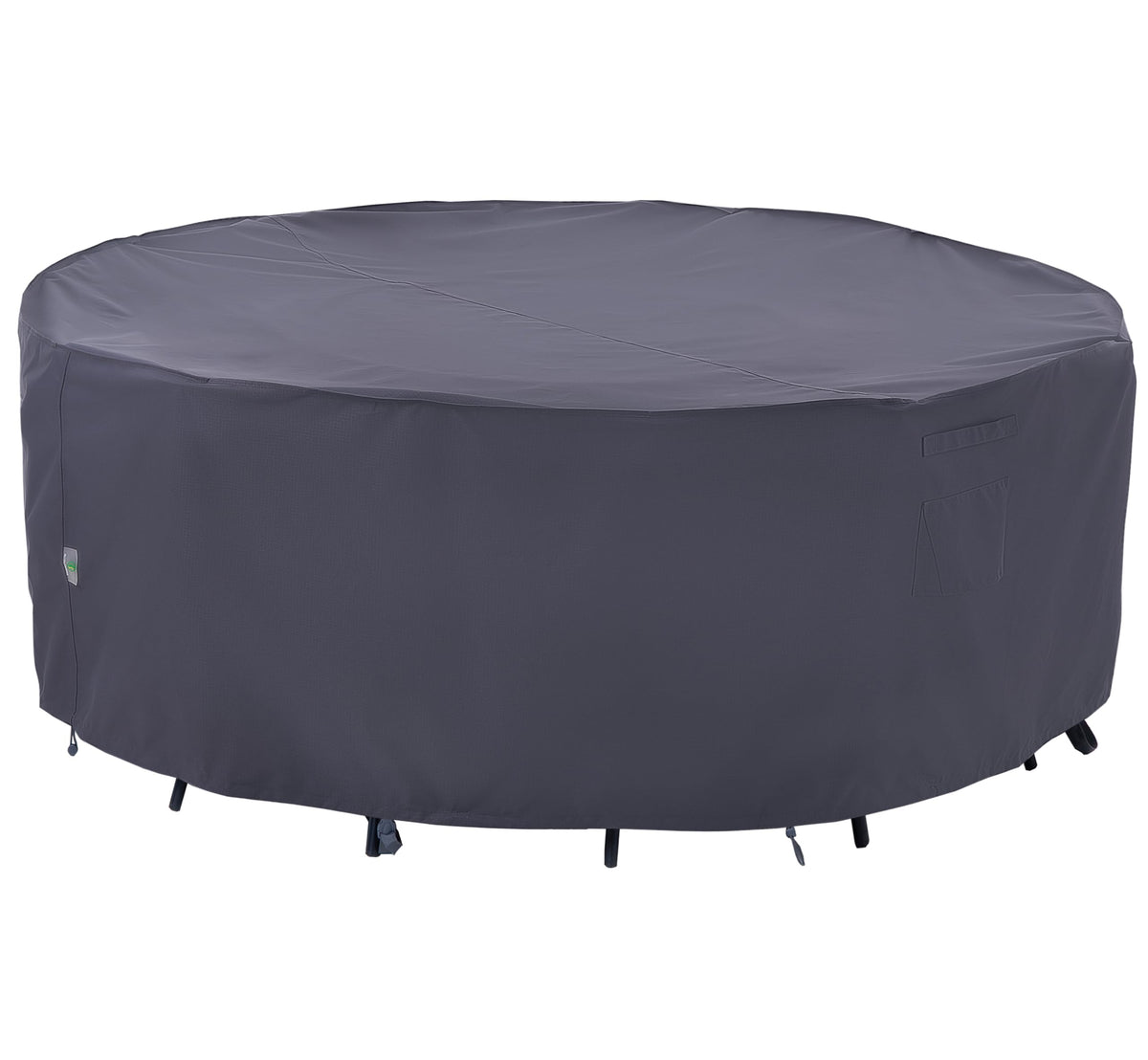 F&J Outdoors front view of grey 110 inch round cover protecting patio set, durable protection